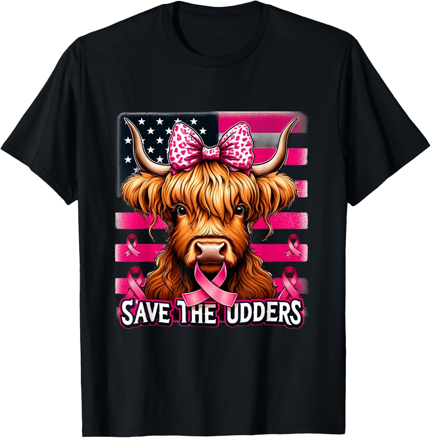 Retro Save The Udders Messy Hair Highland Cow Breast Cancer T-Shirt - T-Shirt | Black