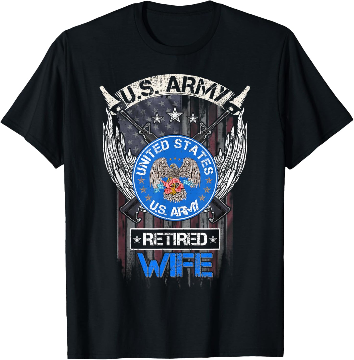 Vintage USA American Flag US Army Proud Retired Wife Funny T-Shirt - T-Shirt | Black