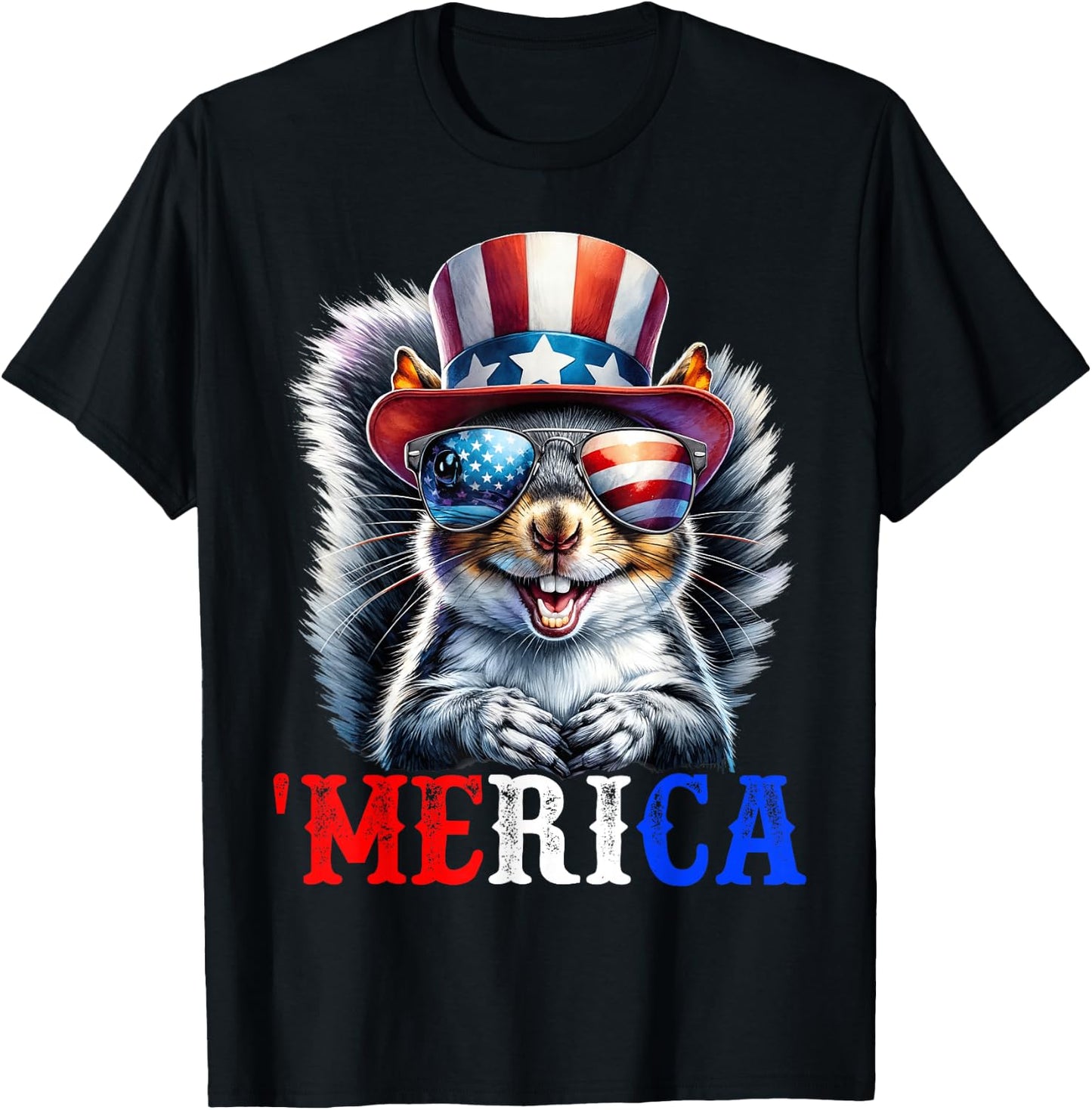 Merica Grey Squirrel Patriotic 4th of July Funny Men Women T-Shirt - T-Shirt | Black