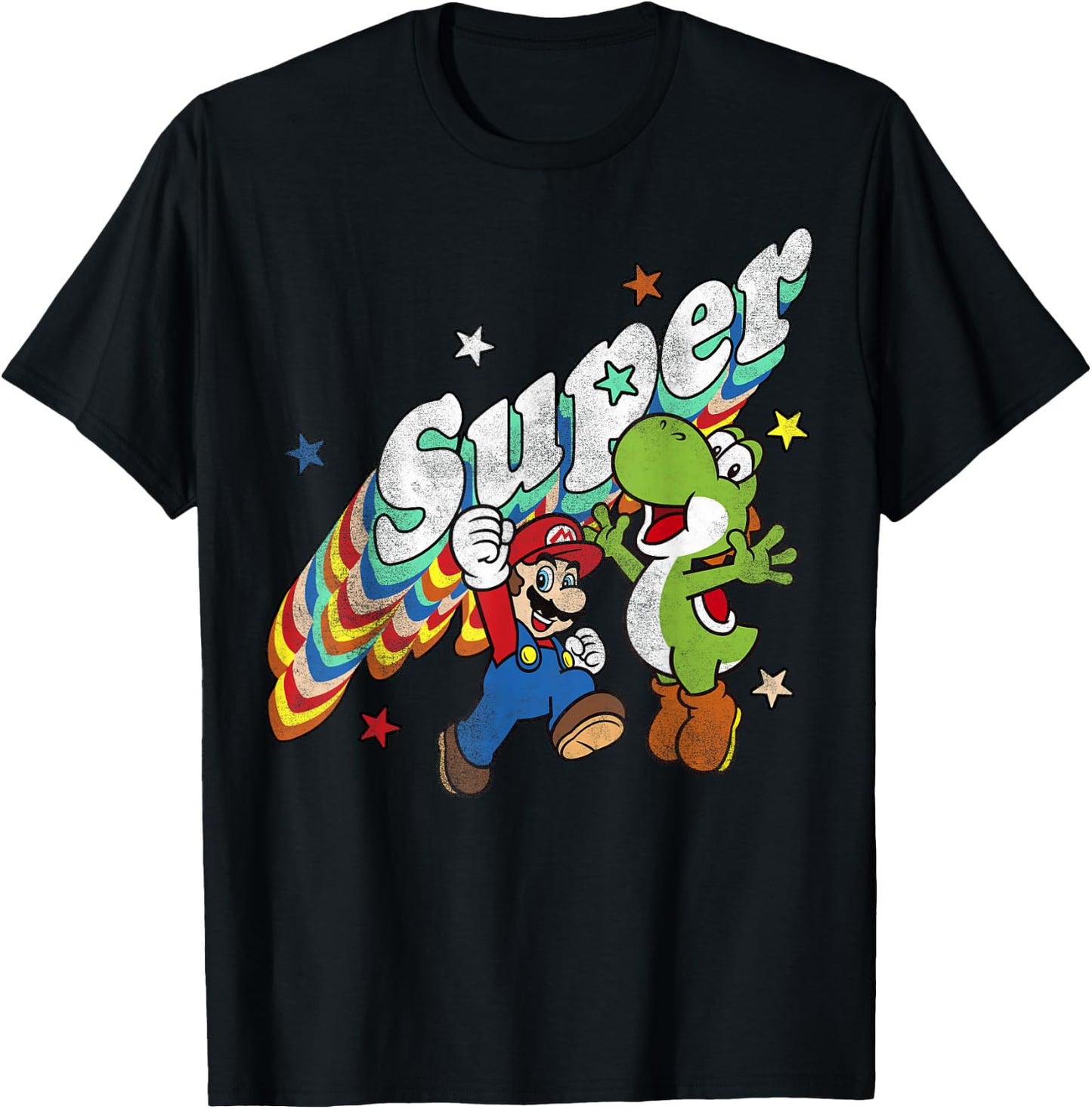 Super Mario Yoshi Mario Rainbow 3D Star Graphic T-Shirt - T-Shirt | Black