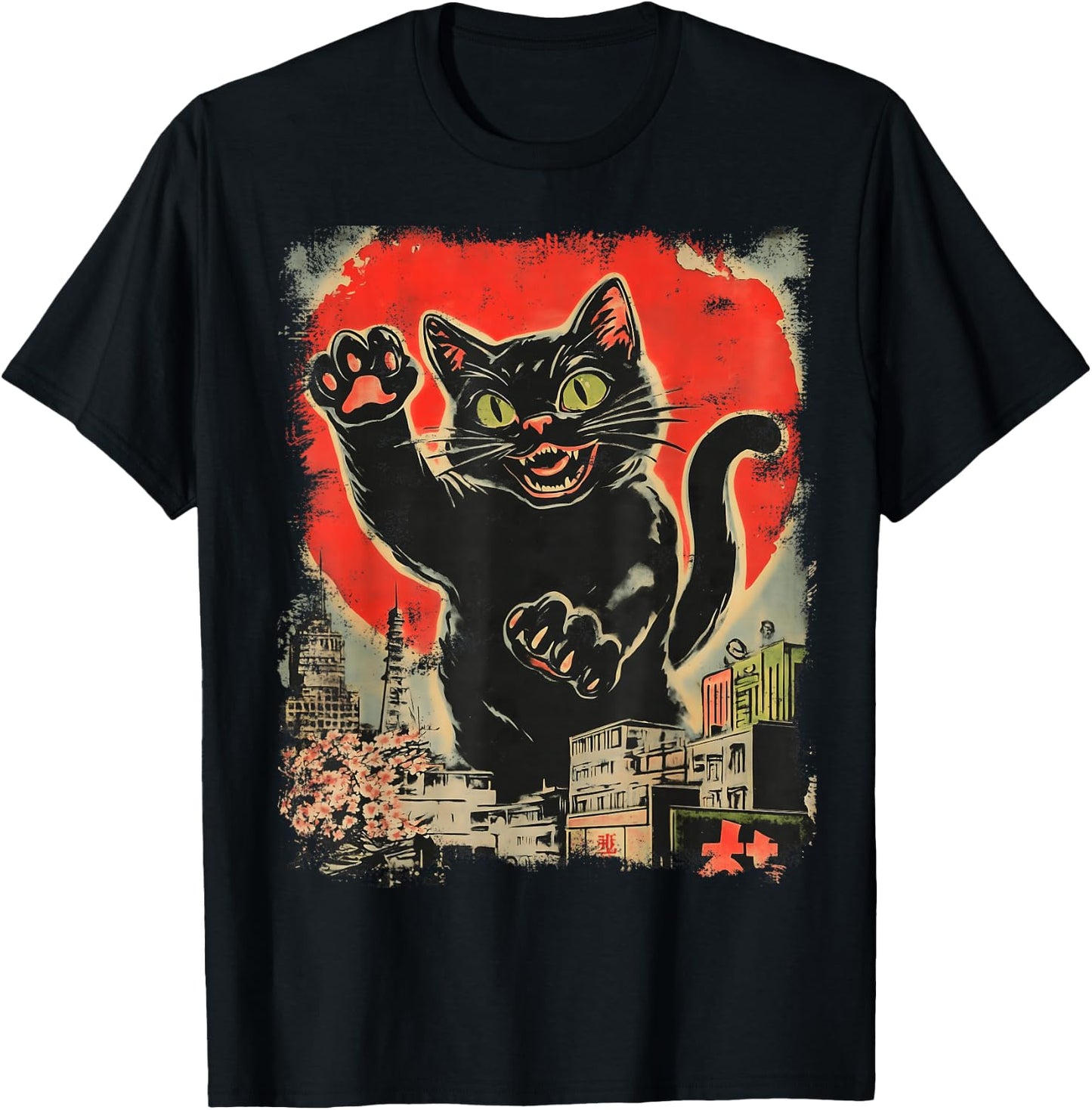 Funny Giant Black Cat Japanese Kaiju Art T-Shirt - T-Shirt | Black