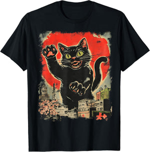 Funny Giant Black Cat Japanese Kaiju Art T-Shirt - T-Shirt | Black