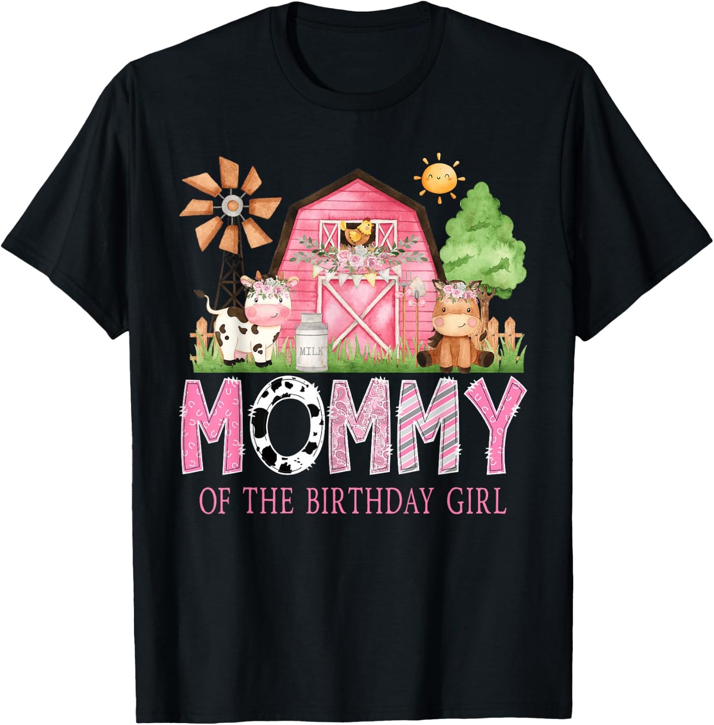 Mommy of The Birthday Girl 1St Birthday Pink Cow Farm T-Shirt - T-Shirt | Black