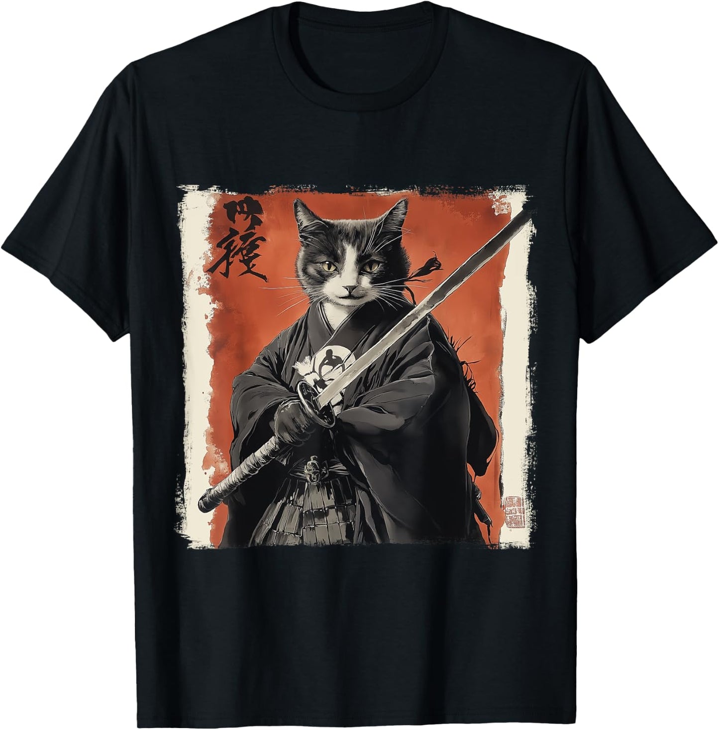 Japanese Samurai Cat Ukiyo-e Warrior Art Japan Vintage T-Shirt - T-Shirt | Black
