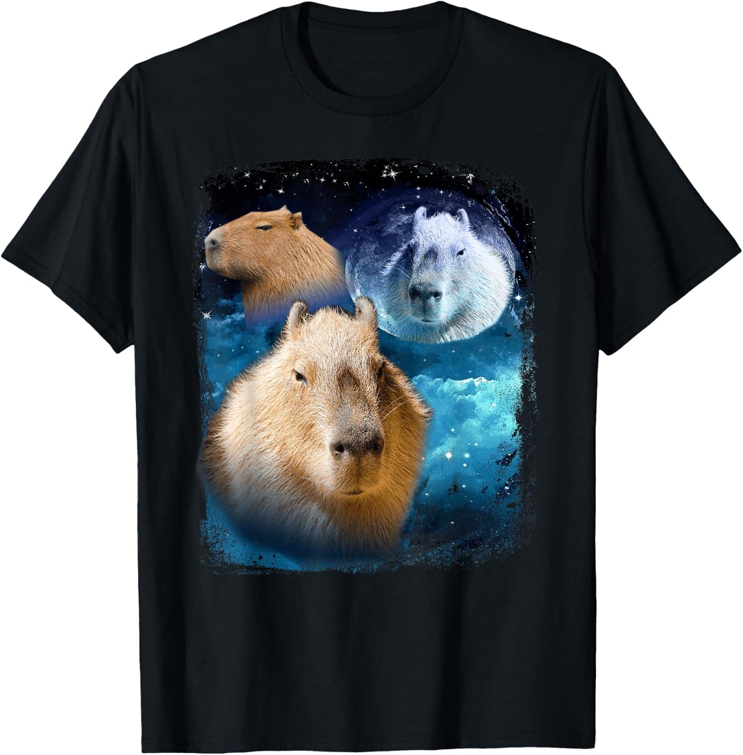 Capybaras howling at the Moon Funny Capybara Meme Vintage T-Shirt - T-Shirt | Black