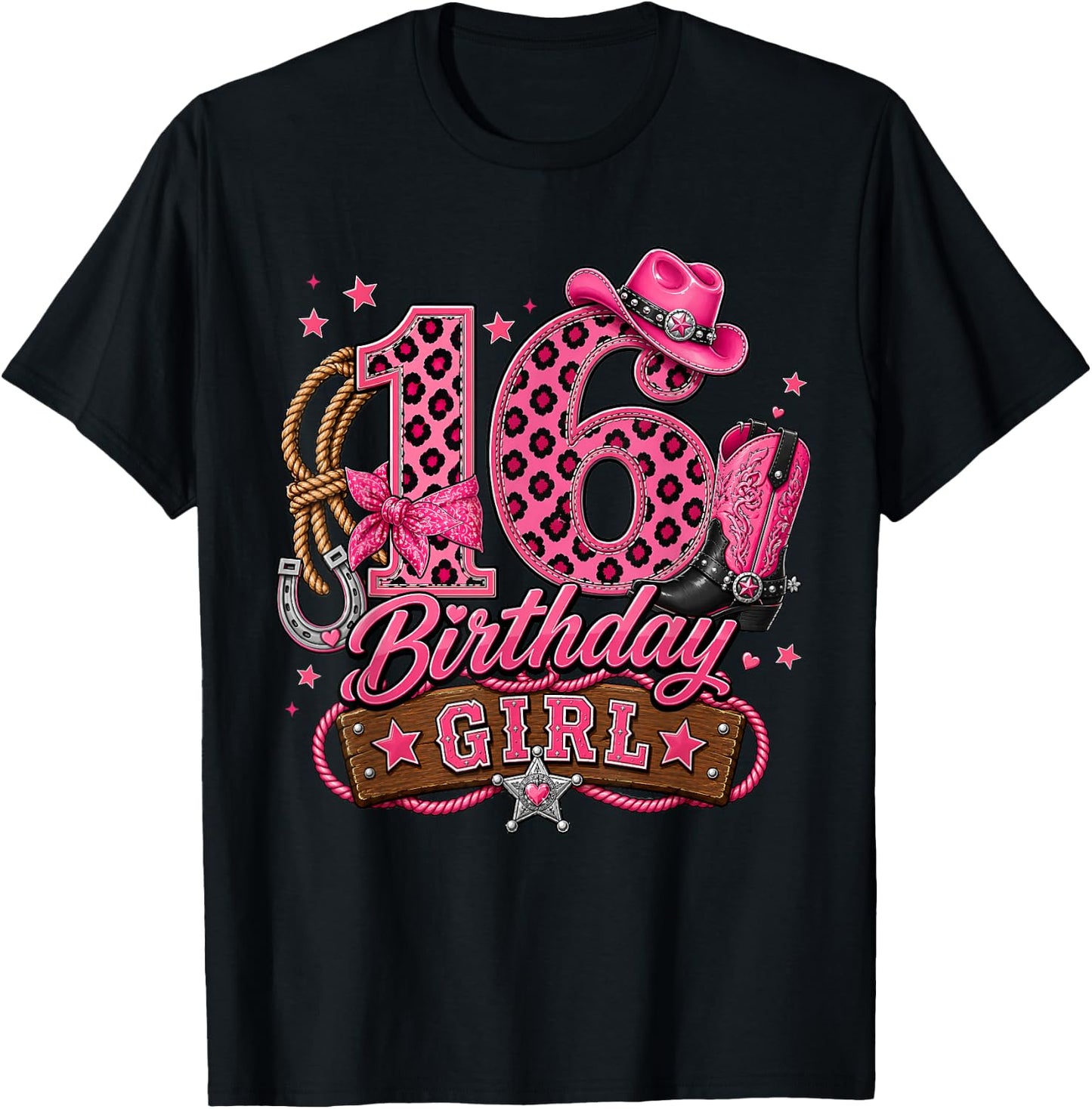 16th Birthday Girl Pink 16 Years Old Cowgirl Western Rodeo T-Shirt - T-Shirt | Black