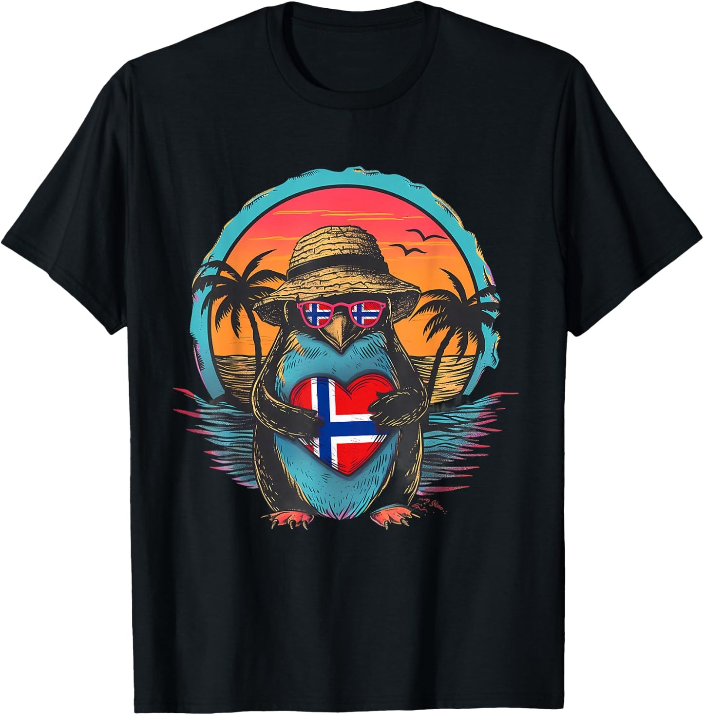 Norway Sunset Penguin Heart Norwegian Pride Norwegian Flag T-Shirt - T-Shirt | Black