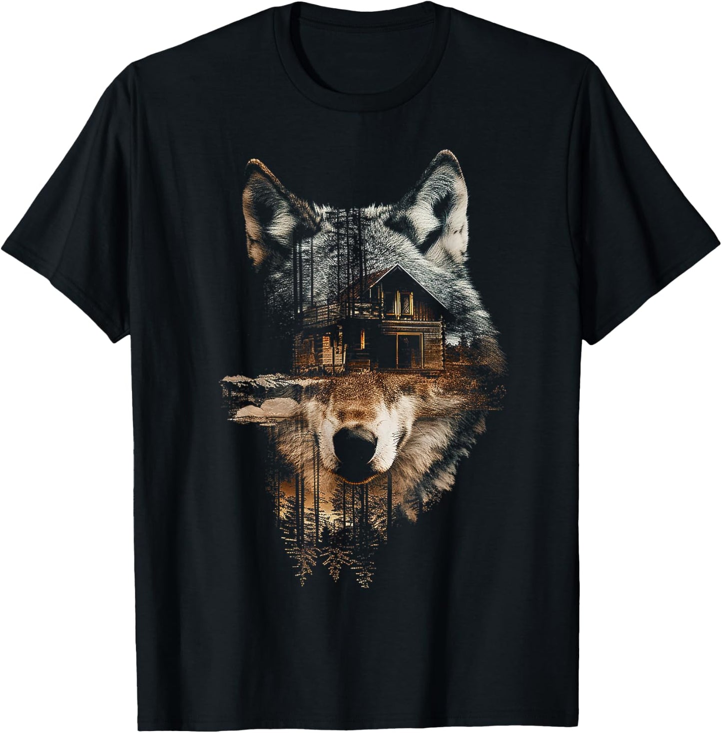Wolf Nature House Animals Trees Illustration Art Wolf , Black, S T-Shirt - T-Shirt | Black