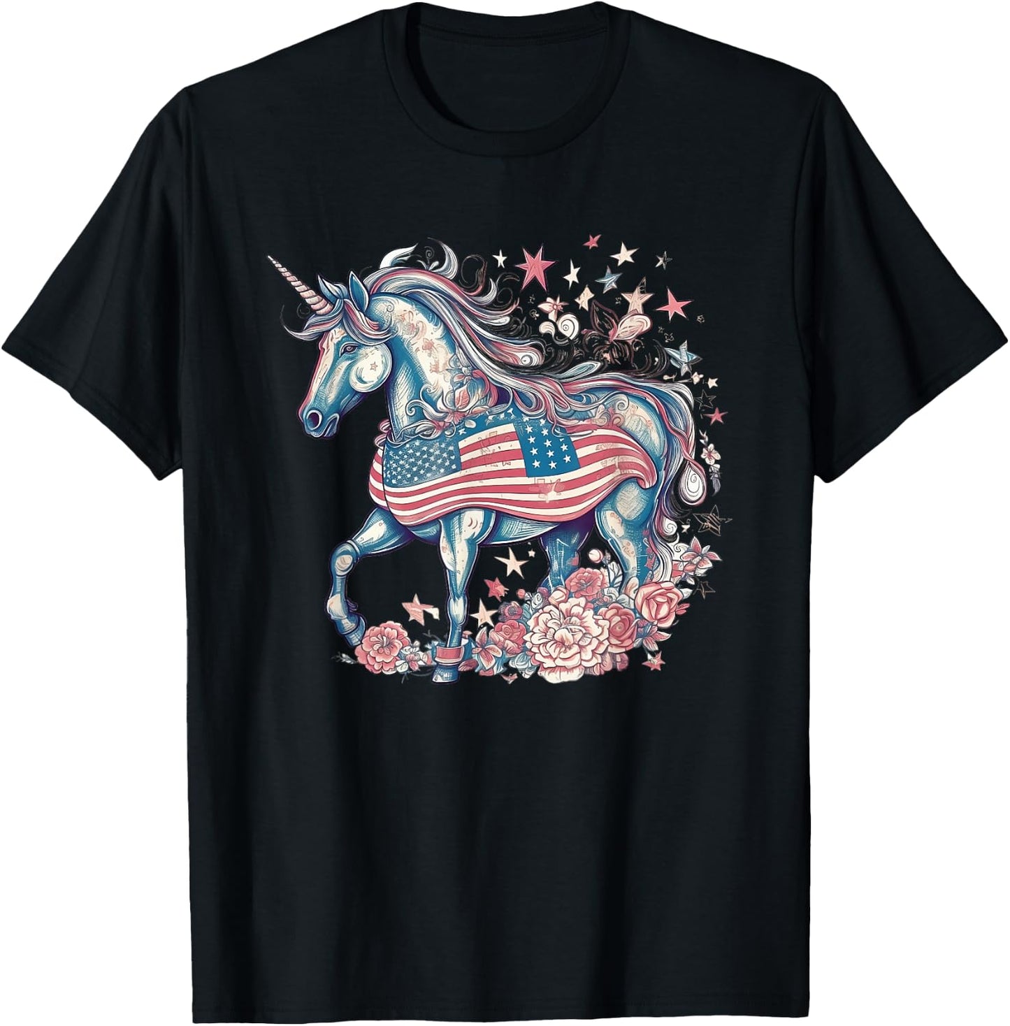 American Unicorn 4th Of July Patriotic USA Flag Girls Women T-Shirt - T-Shirt | Black