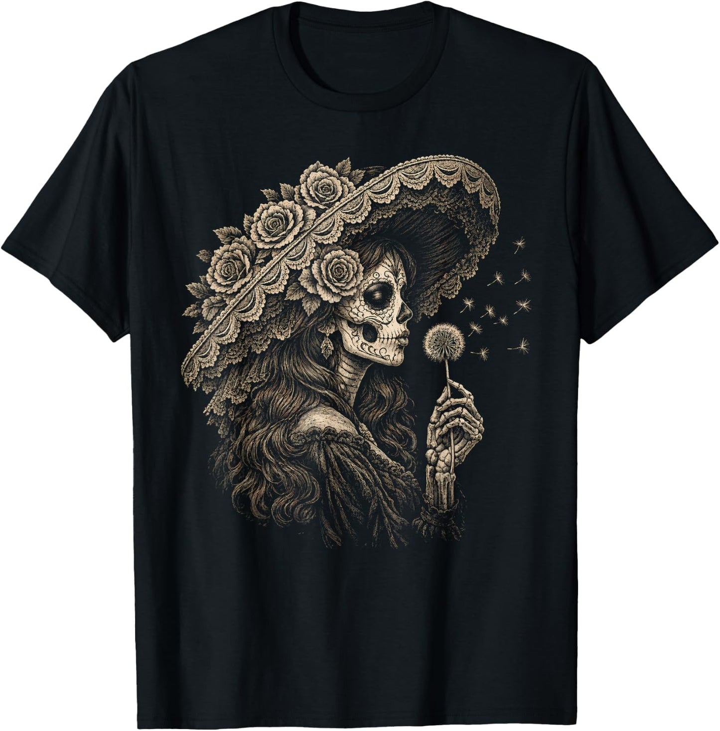 Blowing Wishes La Catrina Blowing Dandelion Vintage Art T-Shirt - T-Shirt | Black