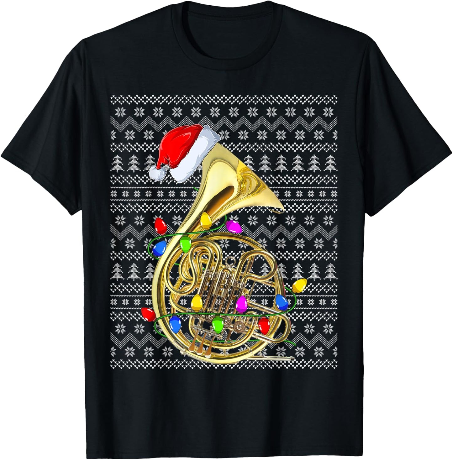 French Horn Lighting Xmas Sweater Ugly French Horn Christmas T-Shirt - T-Shirt | Black