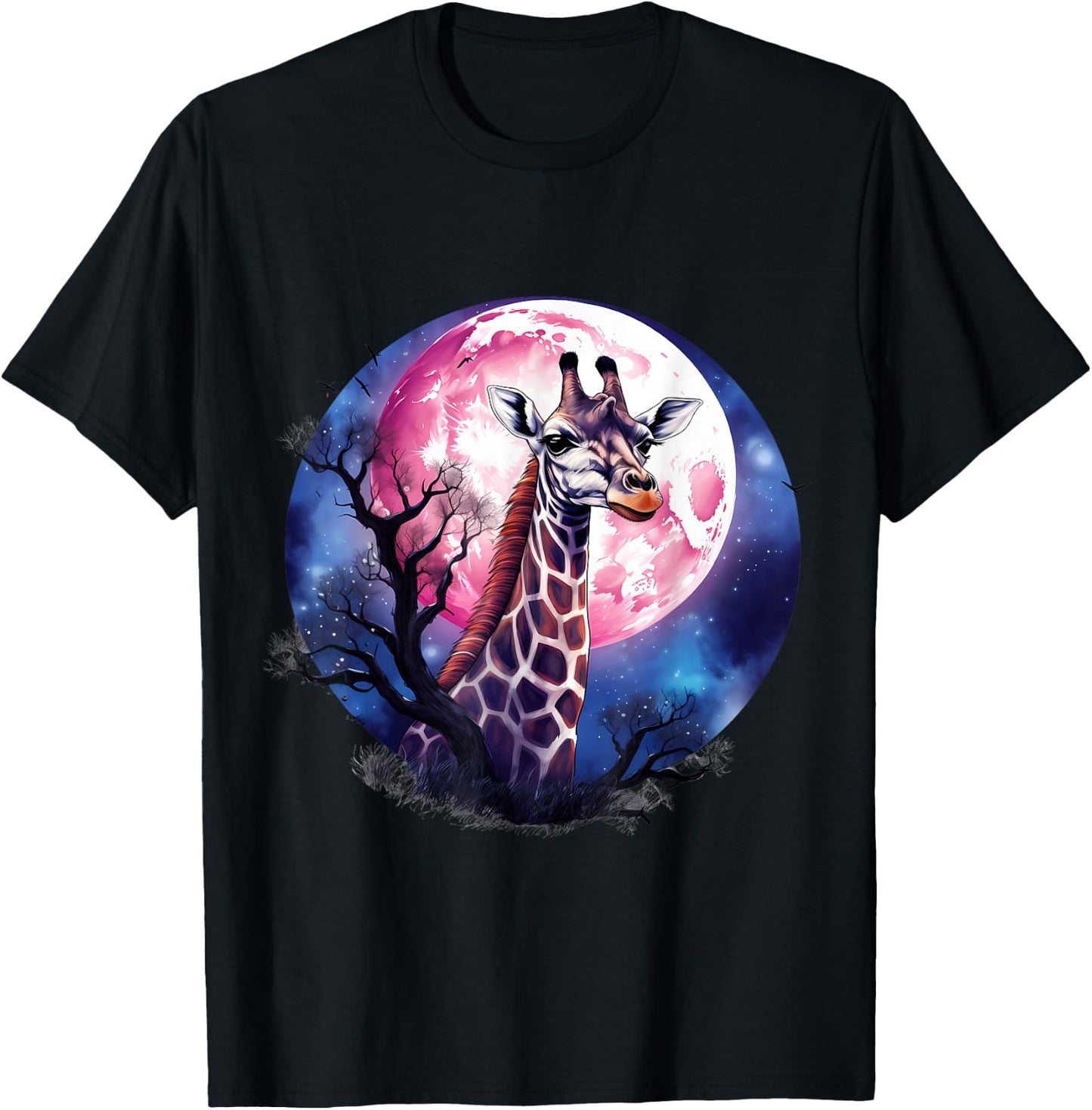 Giraffe Wildlife Safari Tree Moon Animal Art Nature Artwork T-Shirt - T-Shirt | Black