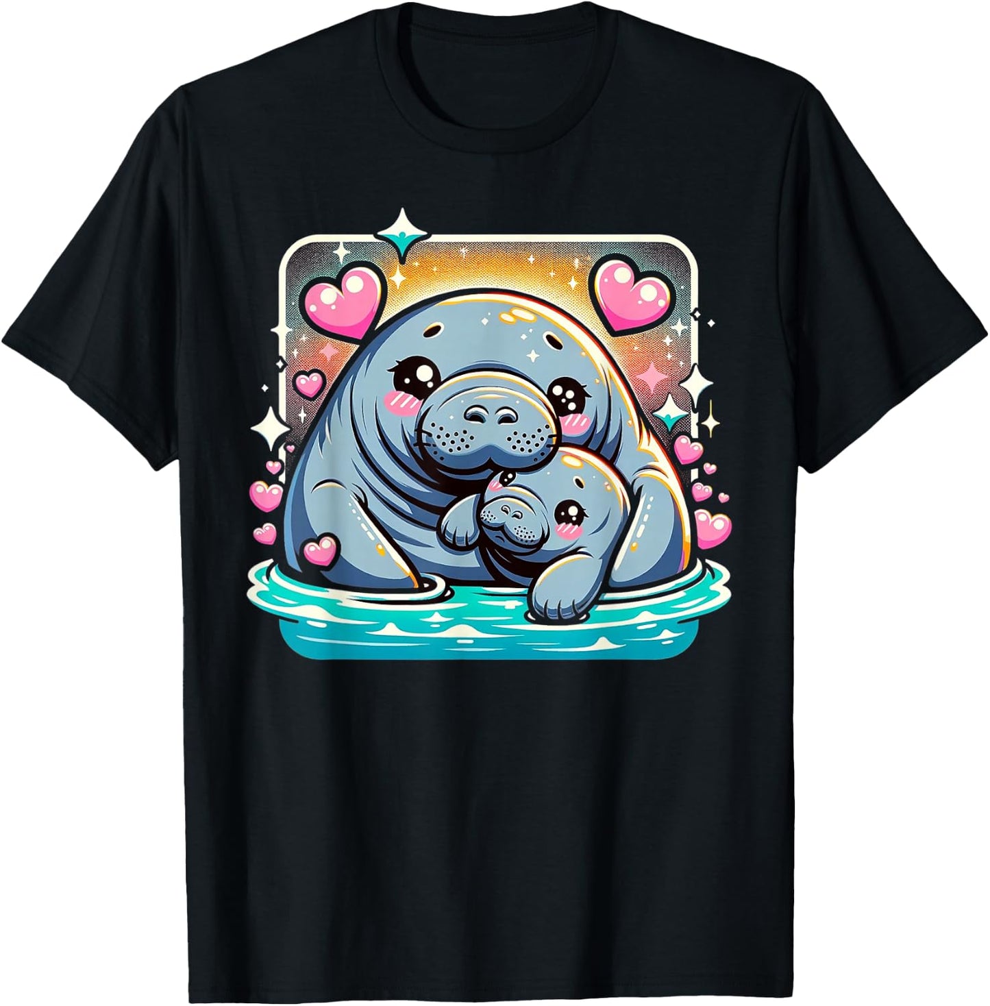 Manatee Love Baby And Mom Sirenian Manatees Hearts T-Shirt - T-Shirt | Black