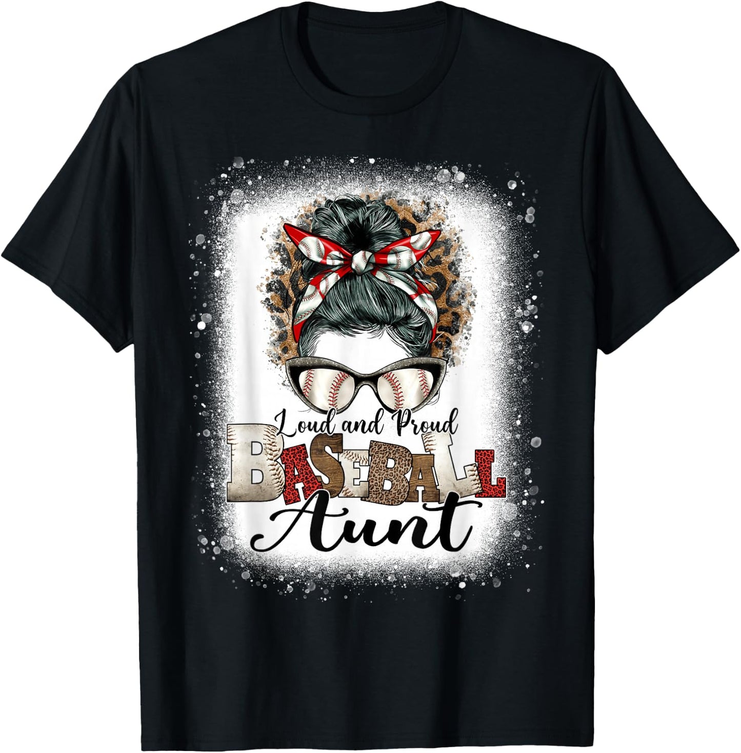 Loud Proud BaseBall Aunt Life Messy Bun Leopard T-Shirt - T-Shirt | Black