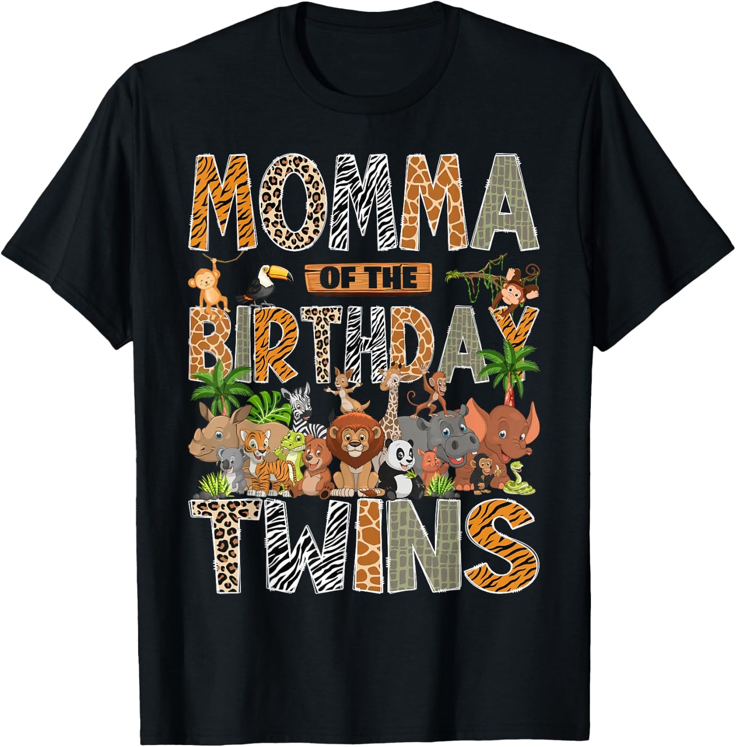 Momma of The Birthday Twins Safari Wild One Zoo Animal T-Shirt - T-Shirt | Black