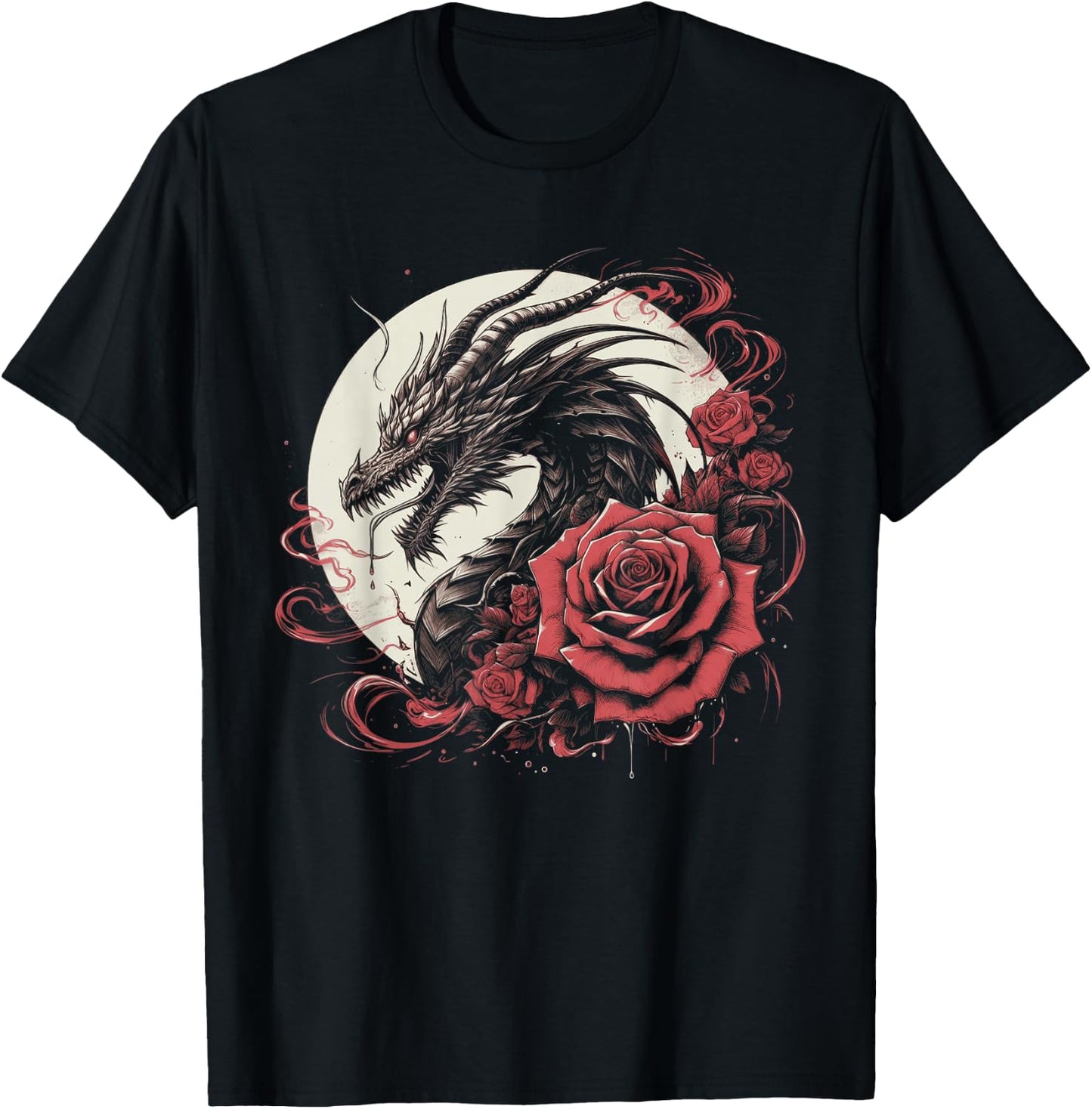 Dragon With Roses And Full Moon Dark Art T-Shirt - T-Shirt | Black