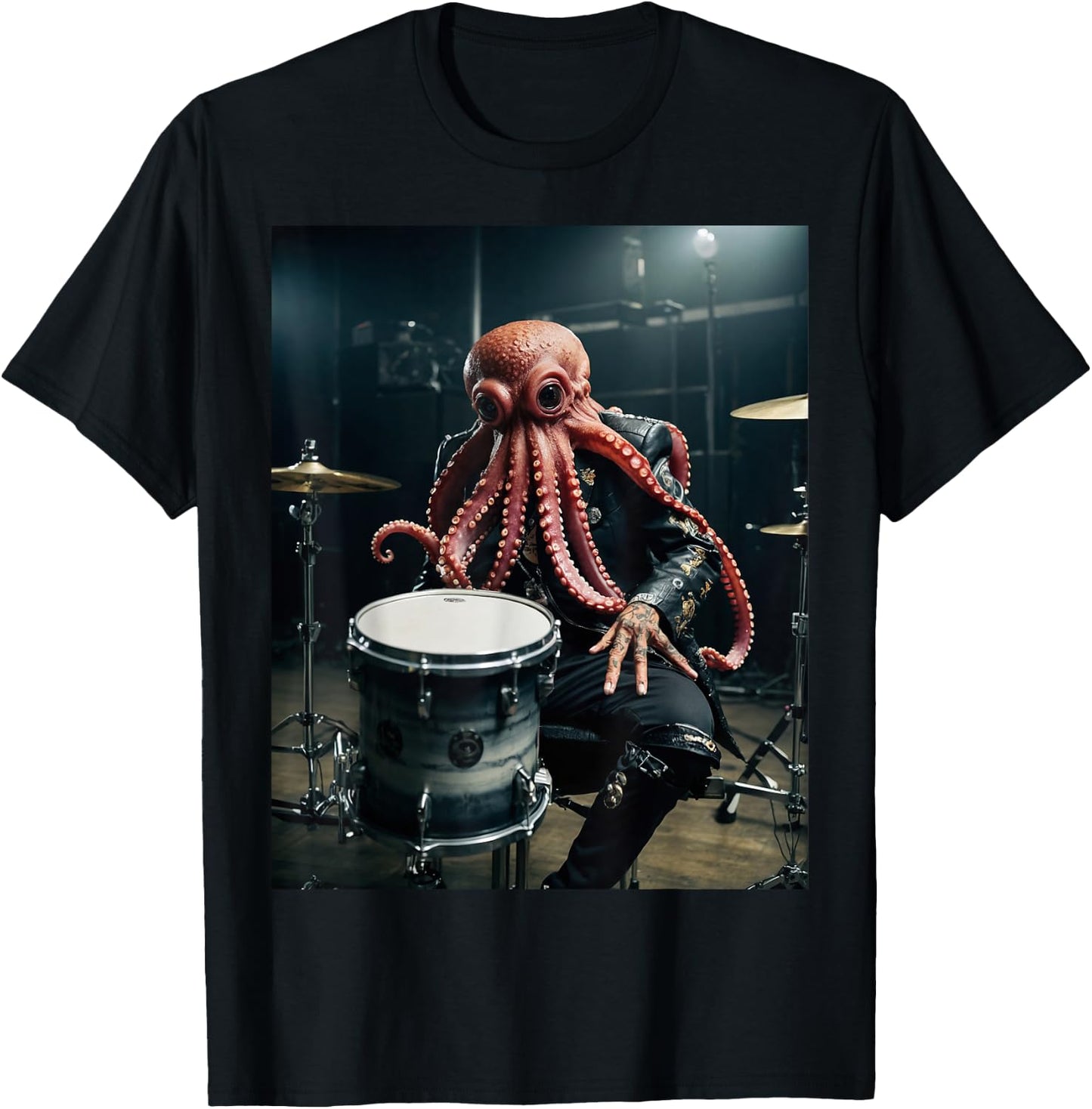 Punk Rock Octopus Head Heavy Metal Drums Leather Jacket Cool T-Shirt - T-Shirt | Black