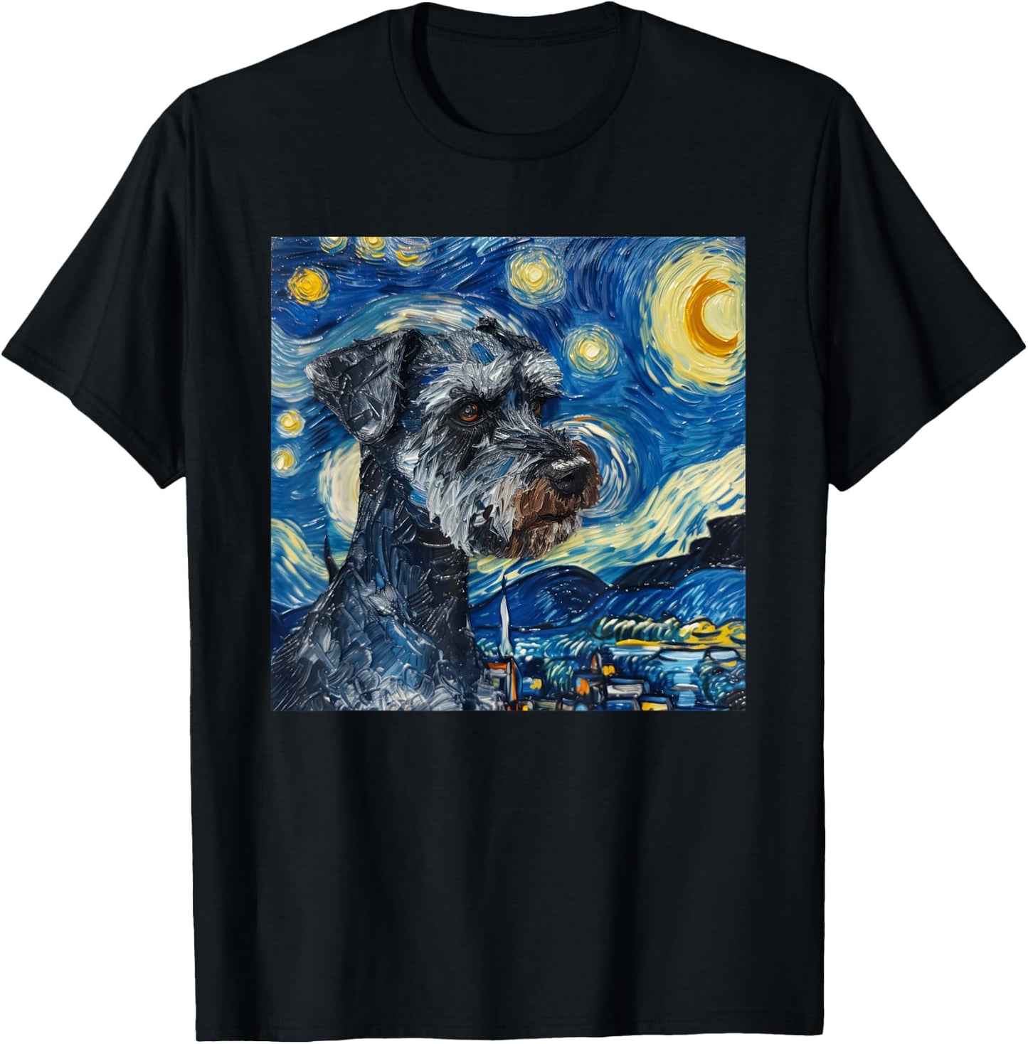 Miniature Schnauzer Dog Van Gogh Style Starry Night T-Shirt - T-Shirt | Black