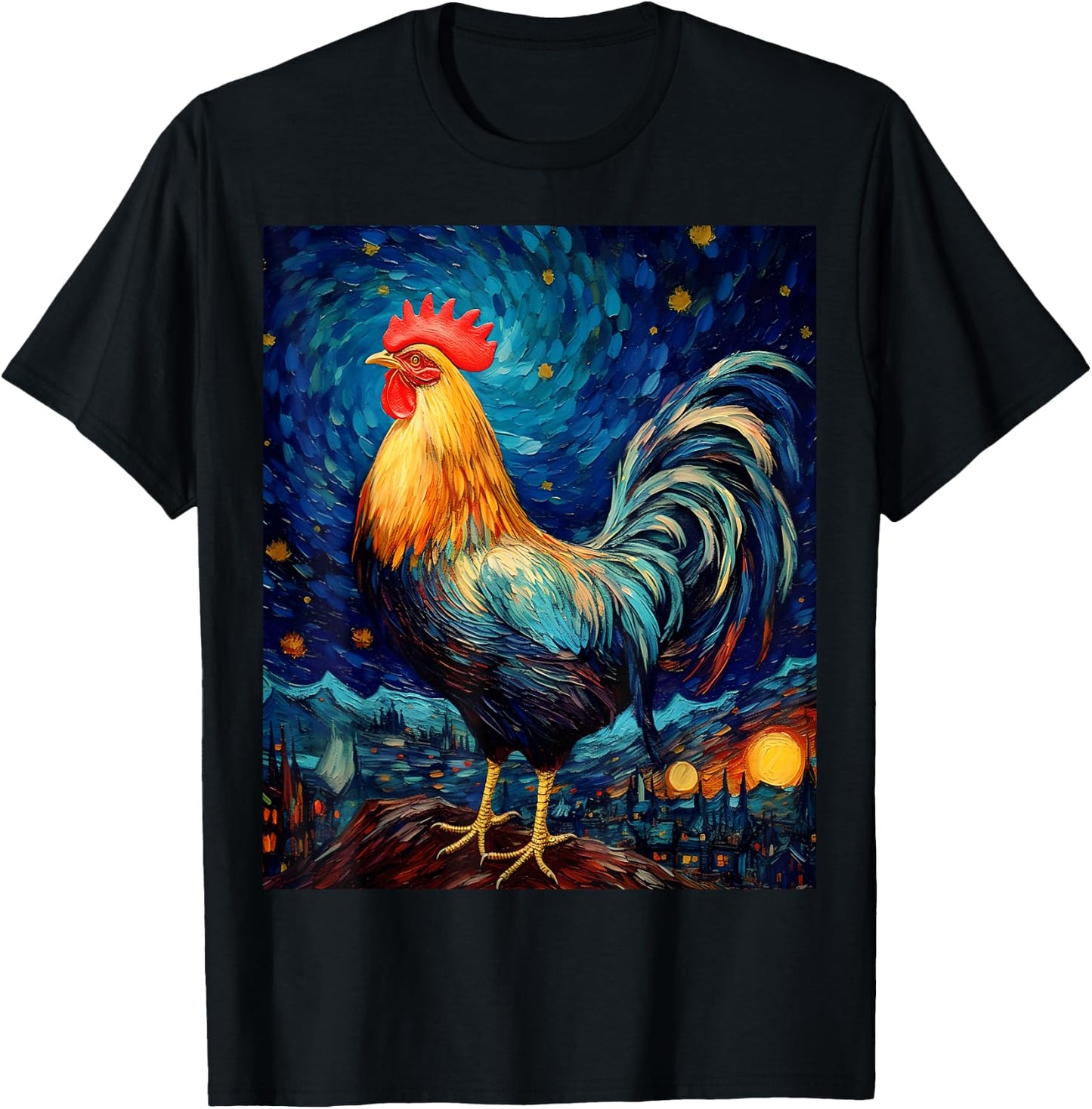 Surreal Starry Night Rooster T-Shirt - T-Shirt | Black