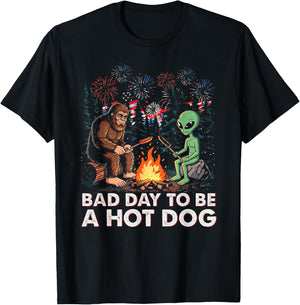 Bad Day to Be A Hotdog 4th of July Bigfoot Alien Sasquatch T-Shirt - T-Shirt | Black