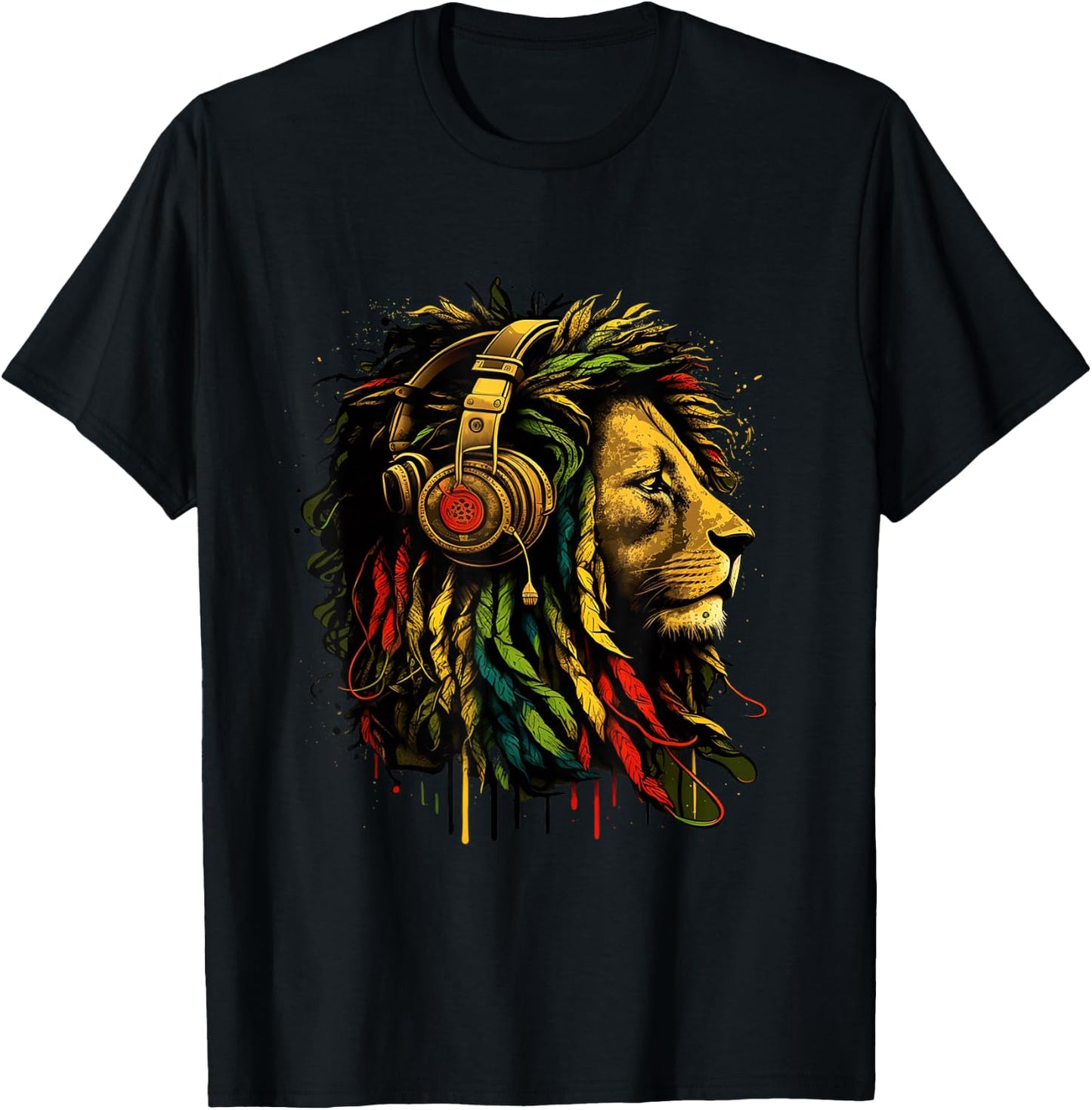 Rasta Reggae Music Headphones Jamaican Pride Lion Of Judah , black T-Shirt - T-Shirt | Black