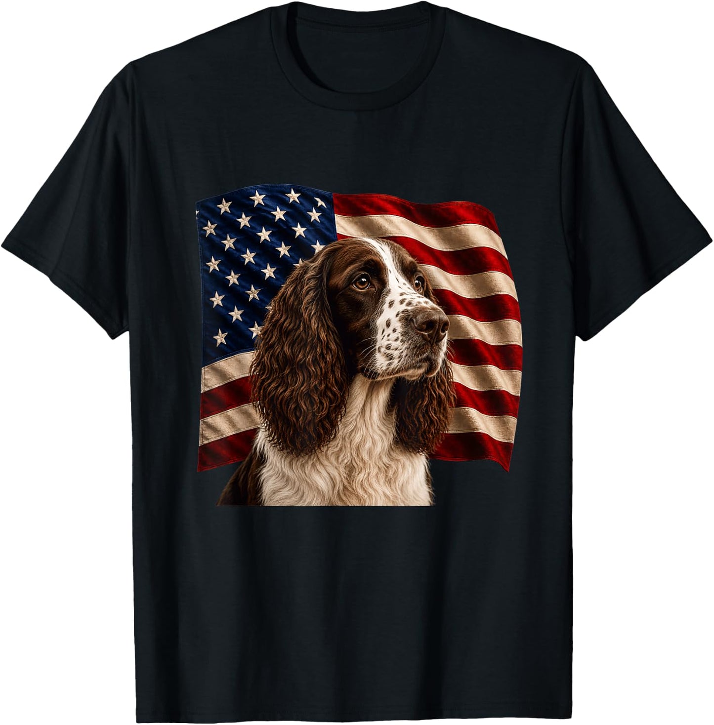 English Springer Spaniel Patriotic 4th July USA Flag Spaniel T-Shirt - T-Shirt | Black