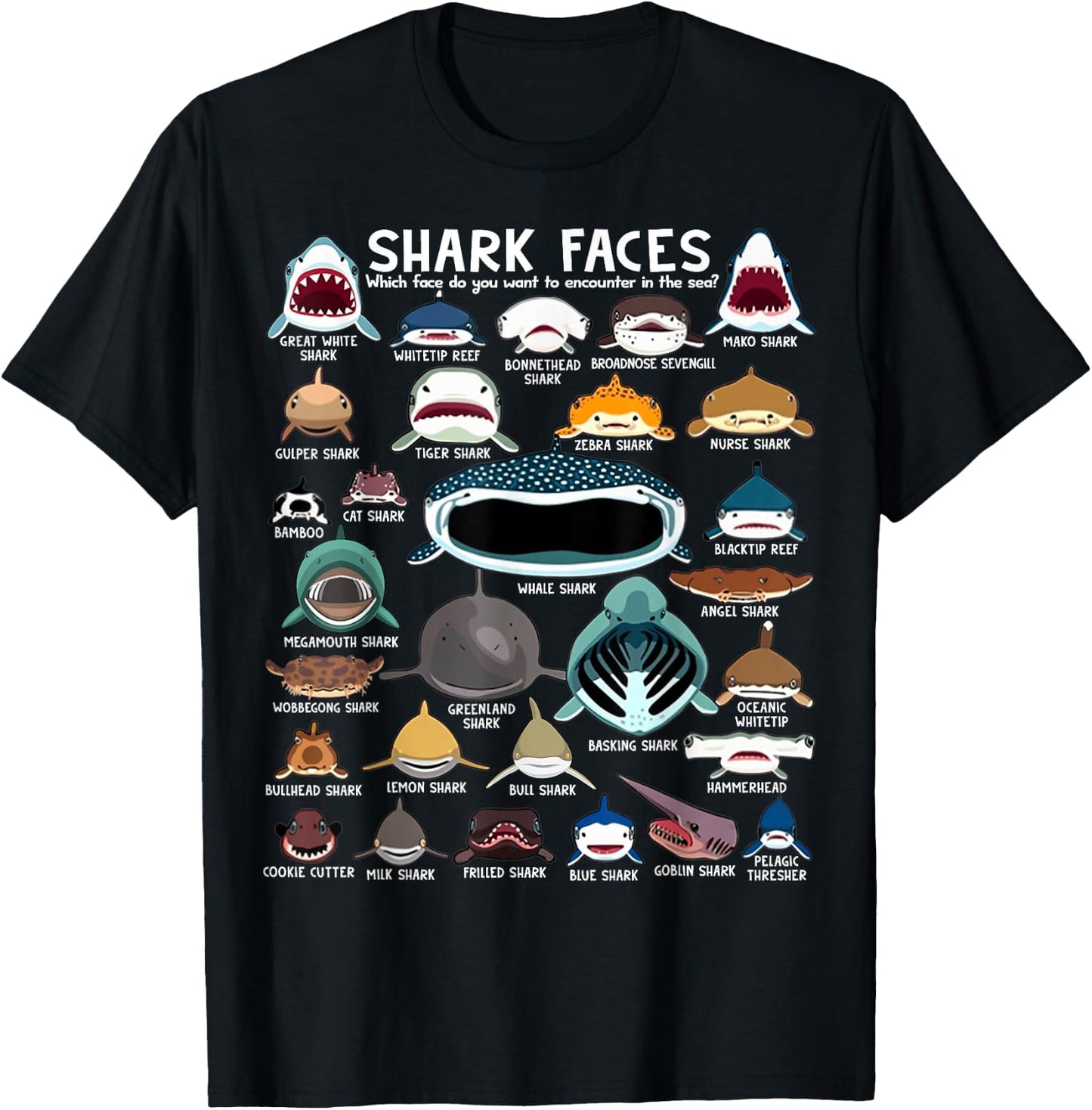 Shark Faces - Types of Shark - Marine Biology Ocean Lovers T-Shirt - T-Shirt | Black