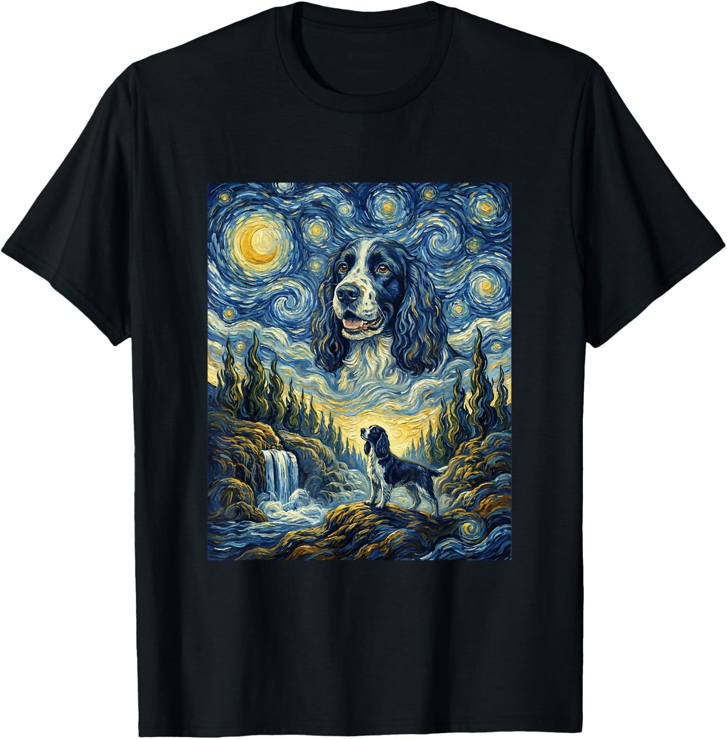 Springer Spaniel Dog Moon Howling Starry Night Van Gogh Art T-Shirt - T-Shirt | Black
