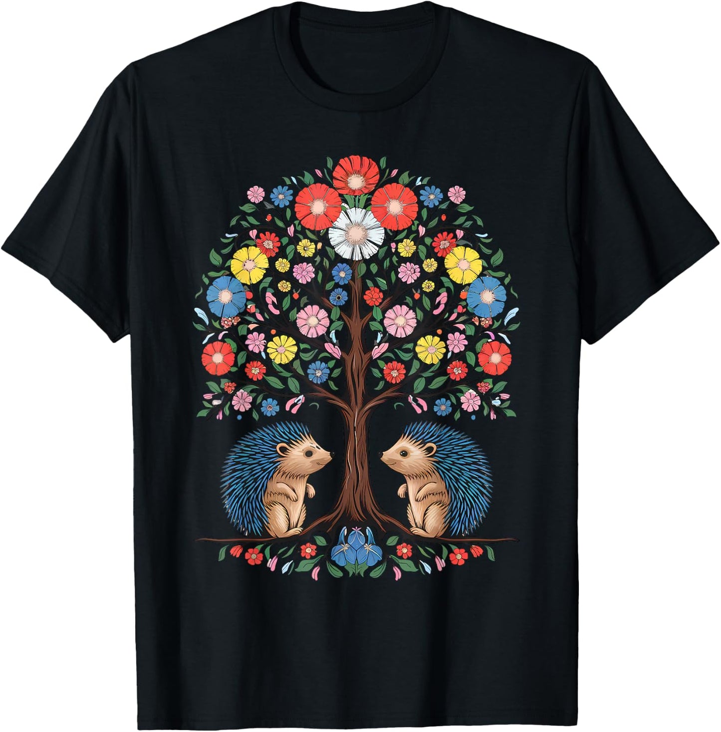 Hedgehog Scandinavian Folk Flowers Style T-Shirt - T-Shirt | Black