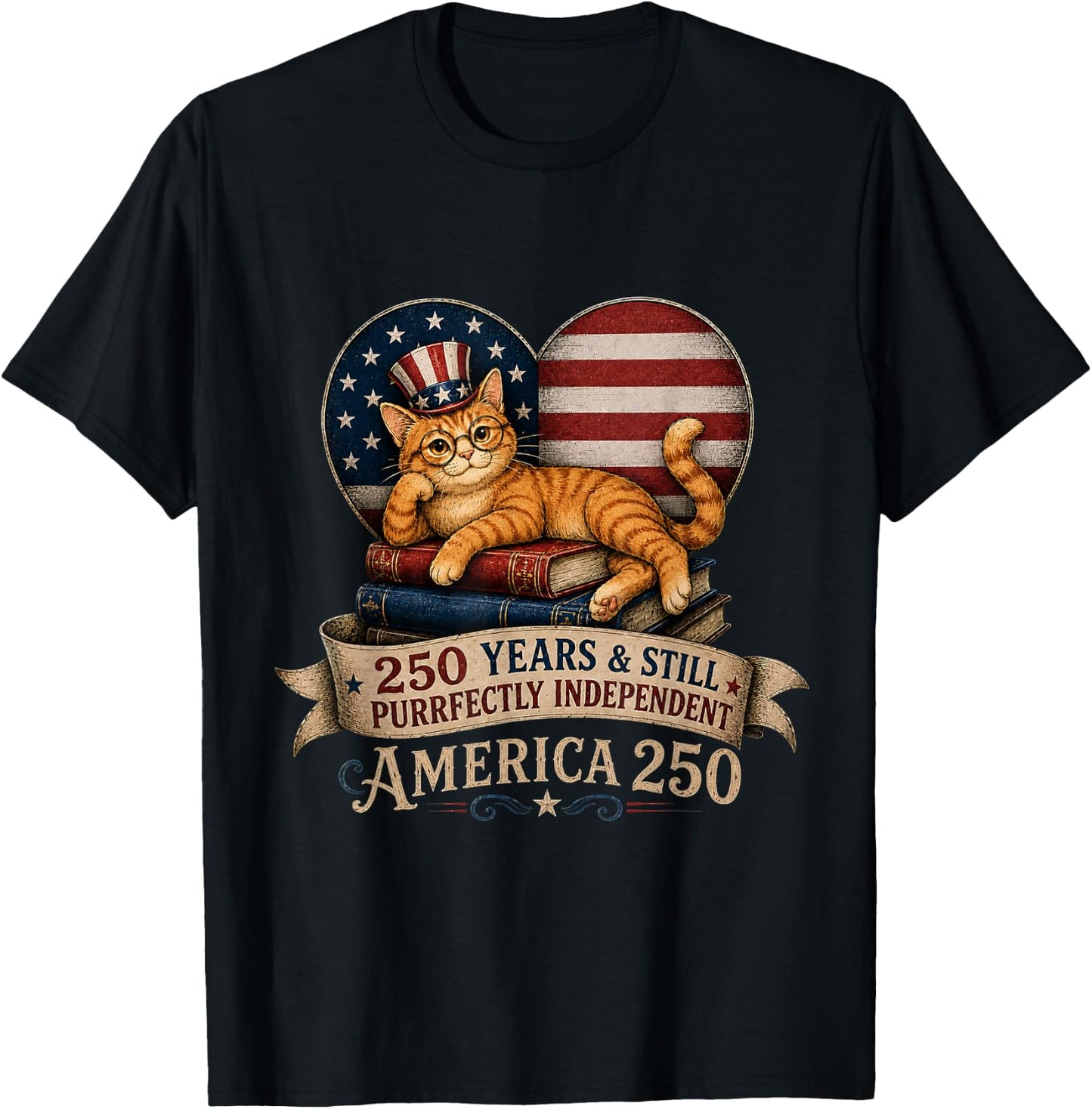 250 Anniversary Book Cat Purrfectly Independent 4th of July T-Shirt - T-Shirt | Black