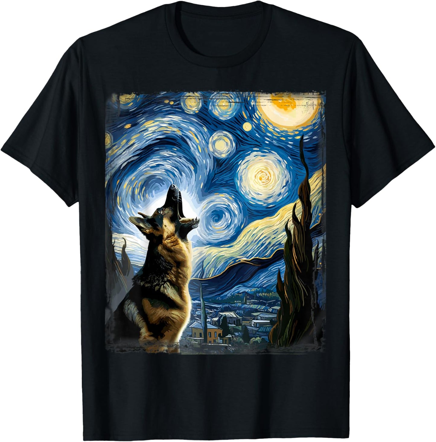 Alsatian Dog Artistic Van Gogh Starry Night German Shepherd T-Shirt - T-Shirt | Black
