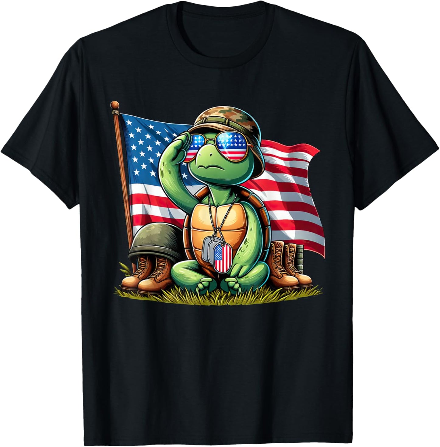 Salute Turtle American USA Flag Memorial Day 4th of July T-Shirt - T-Shirt | Black