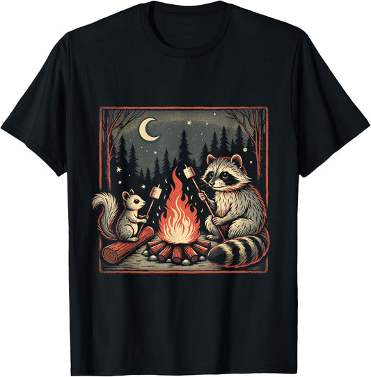 Forest Animals by the Campfire – Cozy Squirrel and Raccoon T-Shirt - T-Shirt | Black