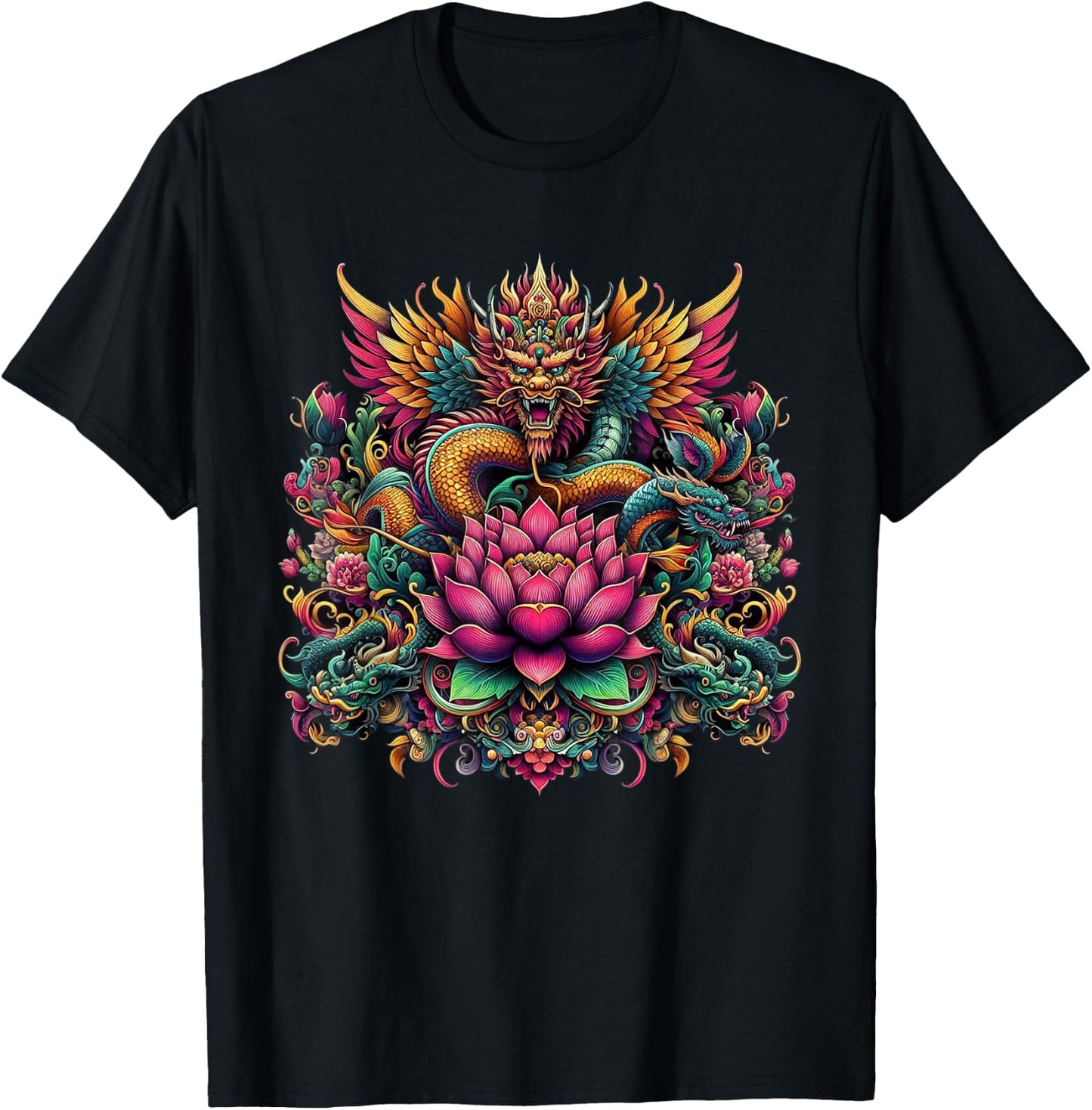 Vibrant Ornate Eastern Dragon Lotus Mythological Graphic T-Shirt - T-Shirt | Black