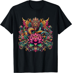 Vibrant Ornate Eastern Dragon Lotus Mythological Graphic T-Shirt - T-Shirt | Black