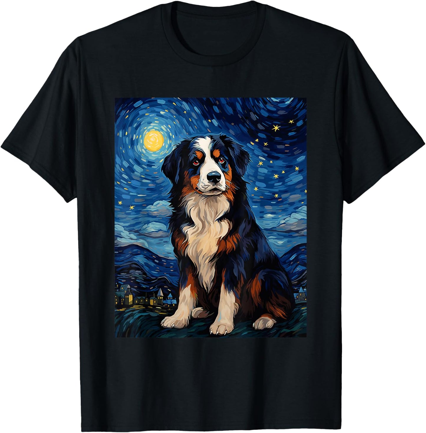 Dog Bernese Mountain Starry Night Van Gogh Art Lover T-Shirt - T-Shirt | Black