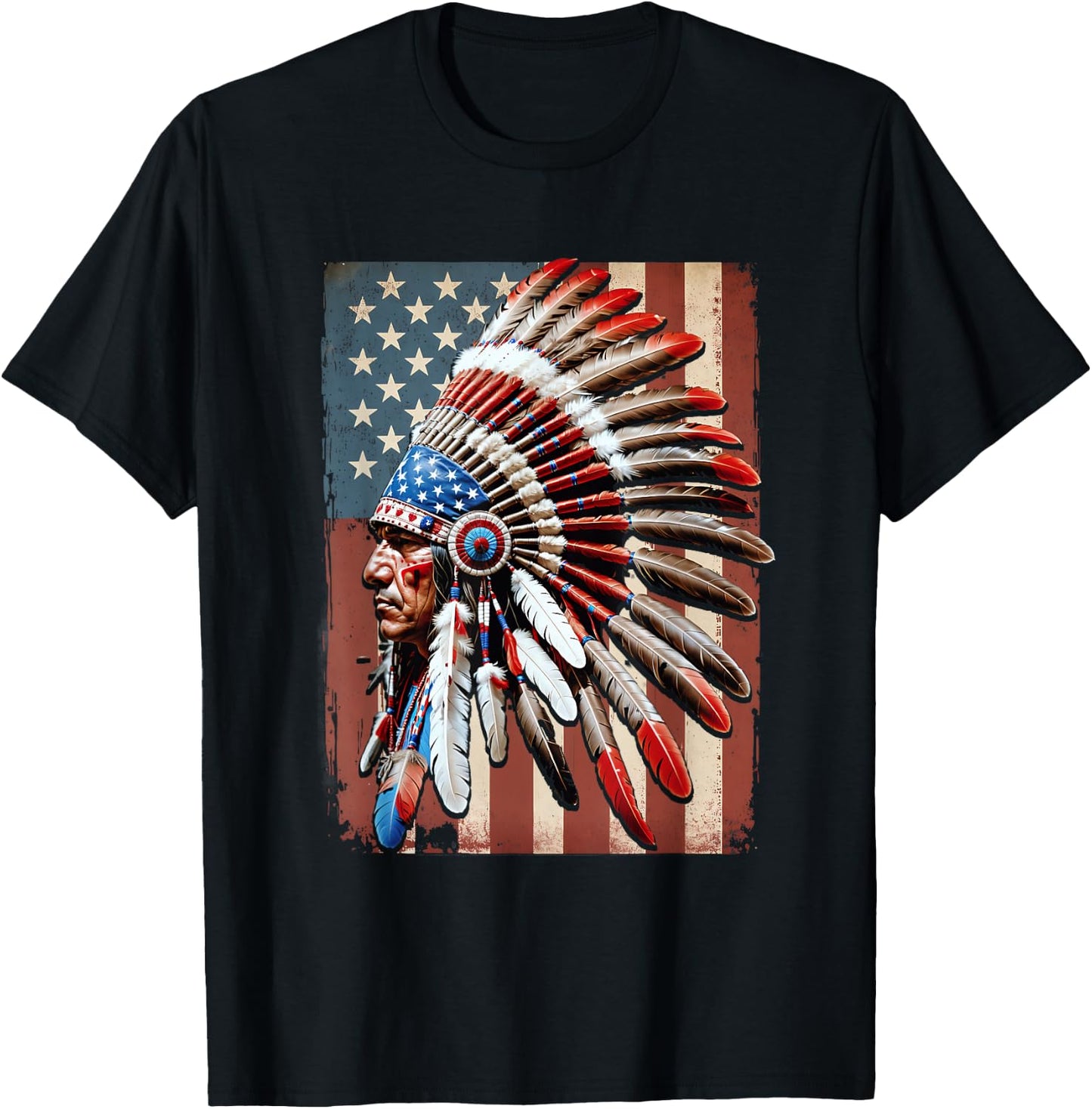 Native American Indian USA American Flag Indigenous Chief T-Shirt - T-Shirt | Black