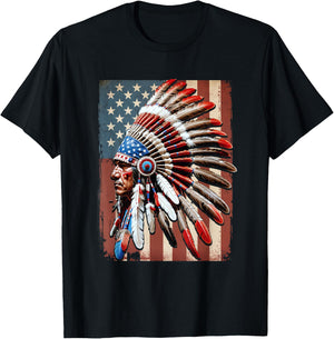 Native American Indian USA American Flag Indigenous Chief T-Shirt - T-Shirt | Black