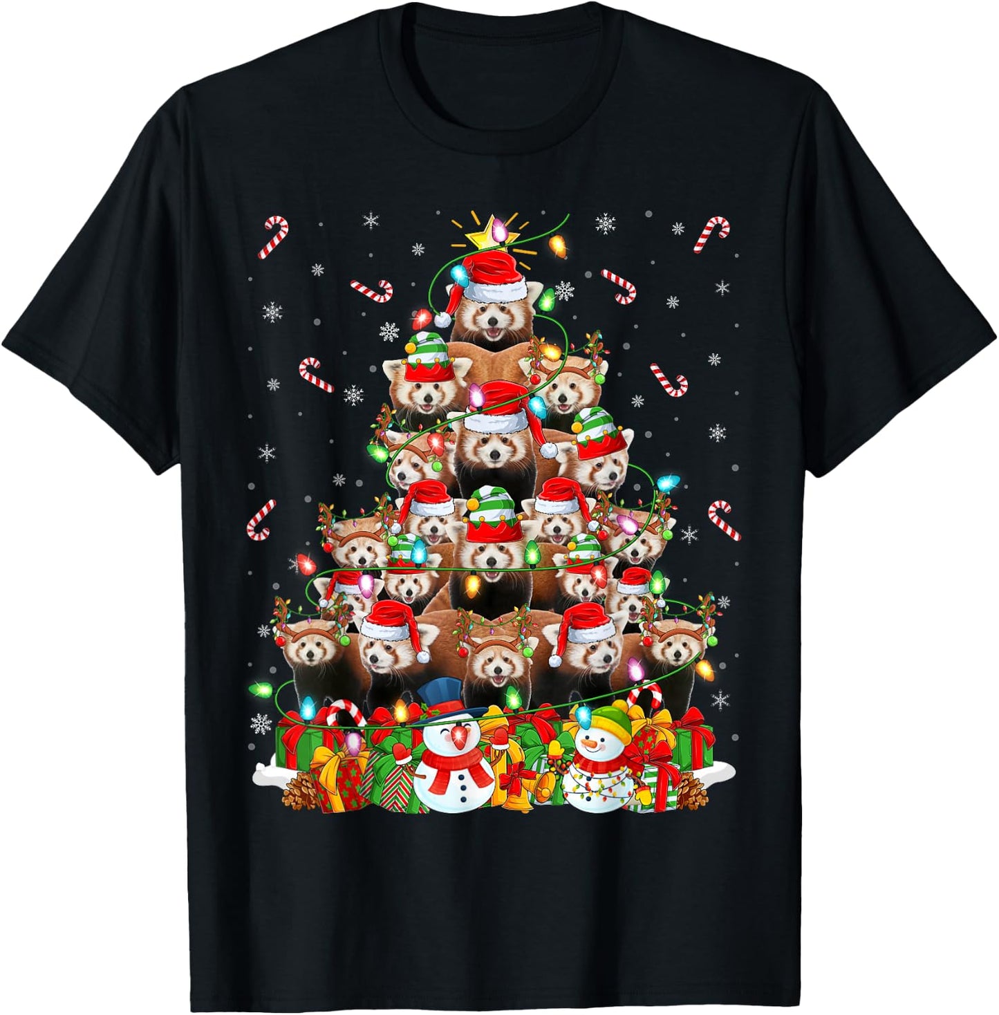 Red Panda Xmas Lighting Tree Santa Red Panda Christmas T-Shirt - T-Shirt | Black