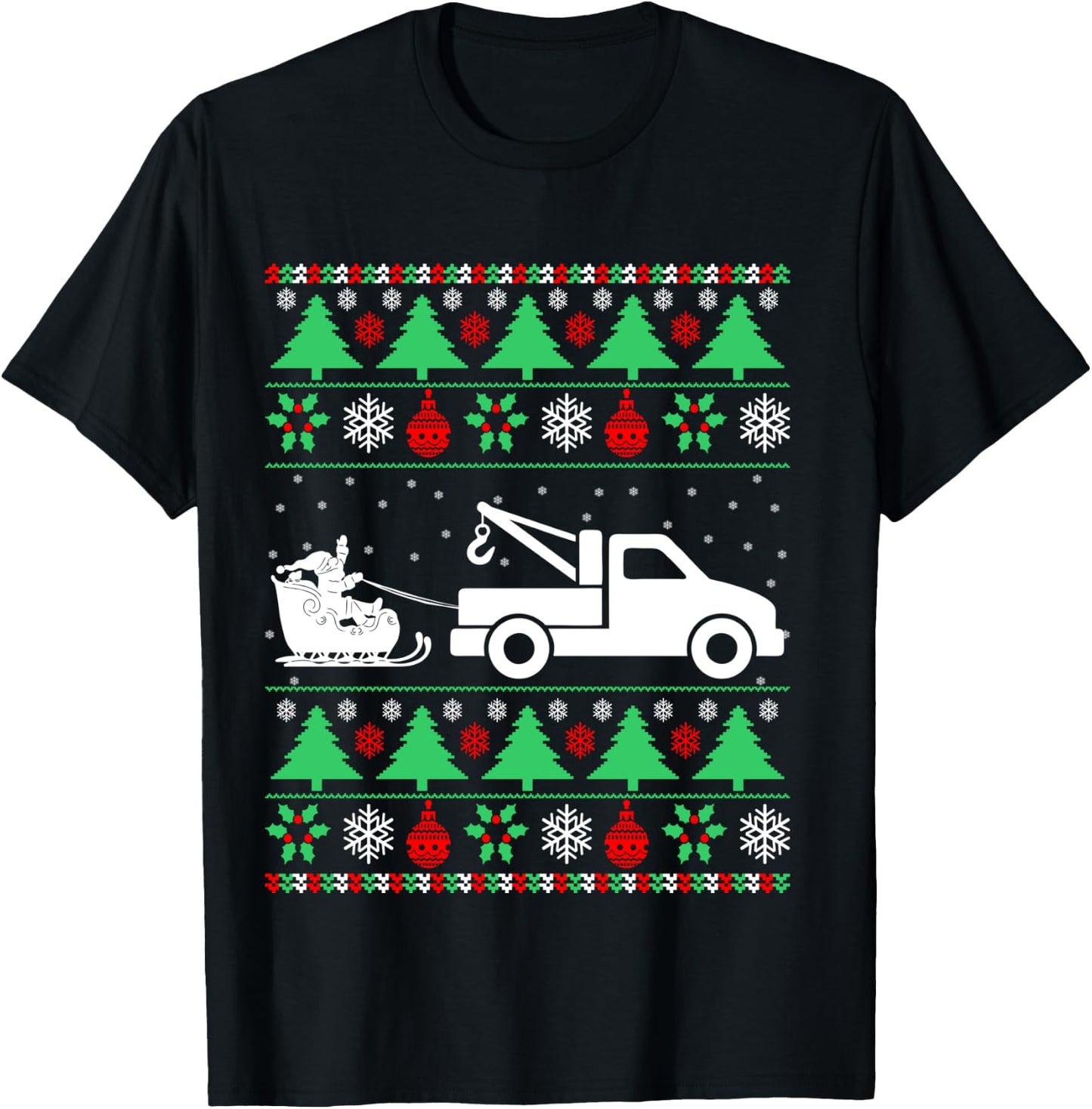 Santa Riding Sleigh Tow Truck Driver Christmas Ugly Sweater T-Shirt - T-Shirt | Black