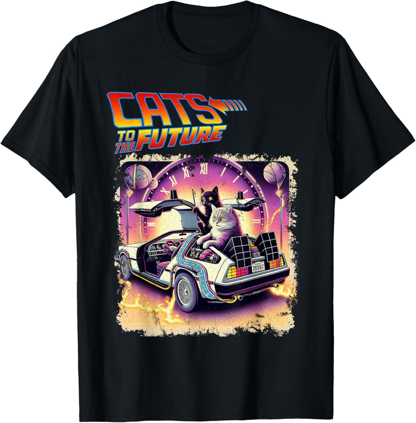 Cats To The Future 80s 90s Parody Pop Culture Funny Cats , Black, S T-Shirt - T-Shirt | Black