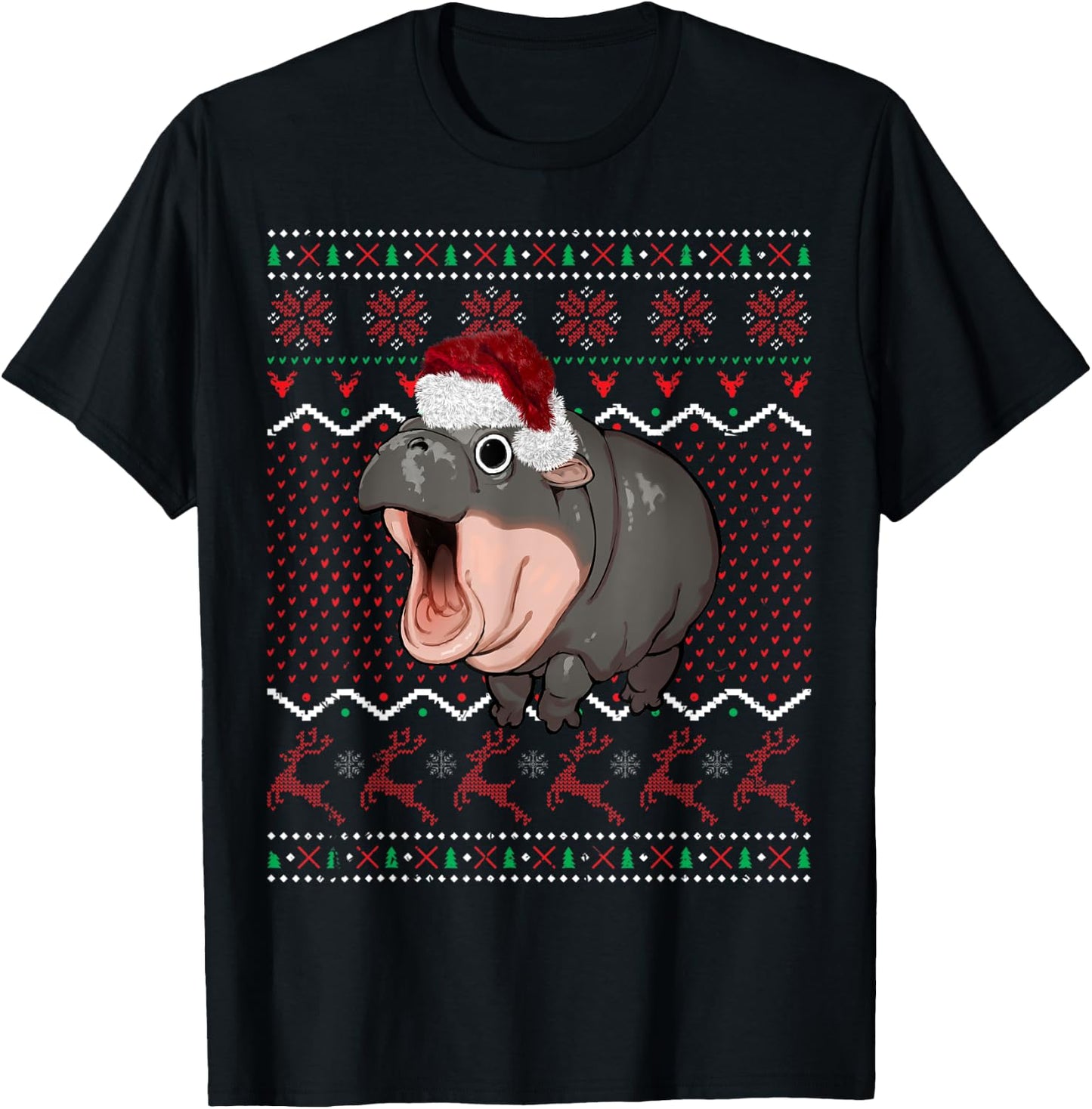 Moo Deng Christmas Baby Hippo Santa Hat Ugly Sweater Xmas T-Shirt - T-Shirt | Black