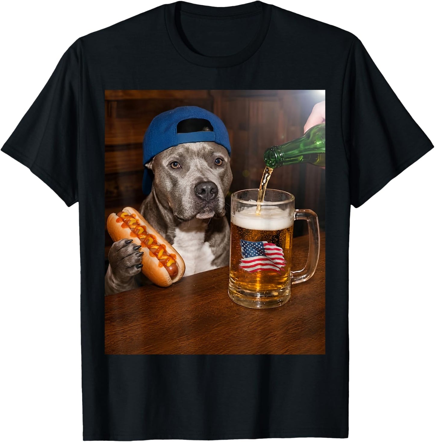 Funny Pitbull Meme Drinking Beer Hotdog USA Flag Pittie Moms T-Shirt - T-Shirt | Black