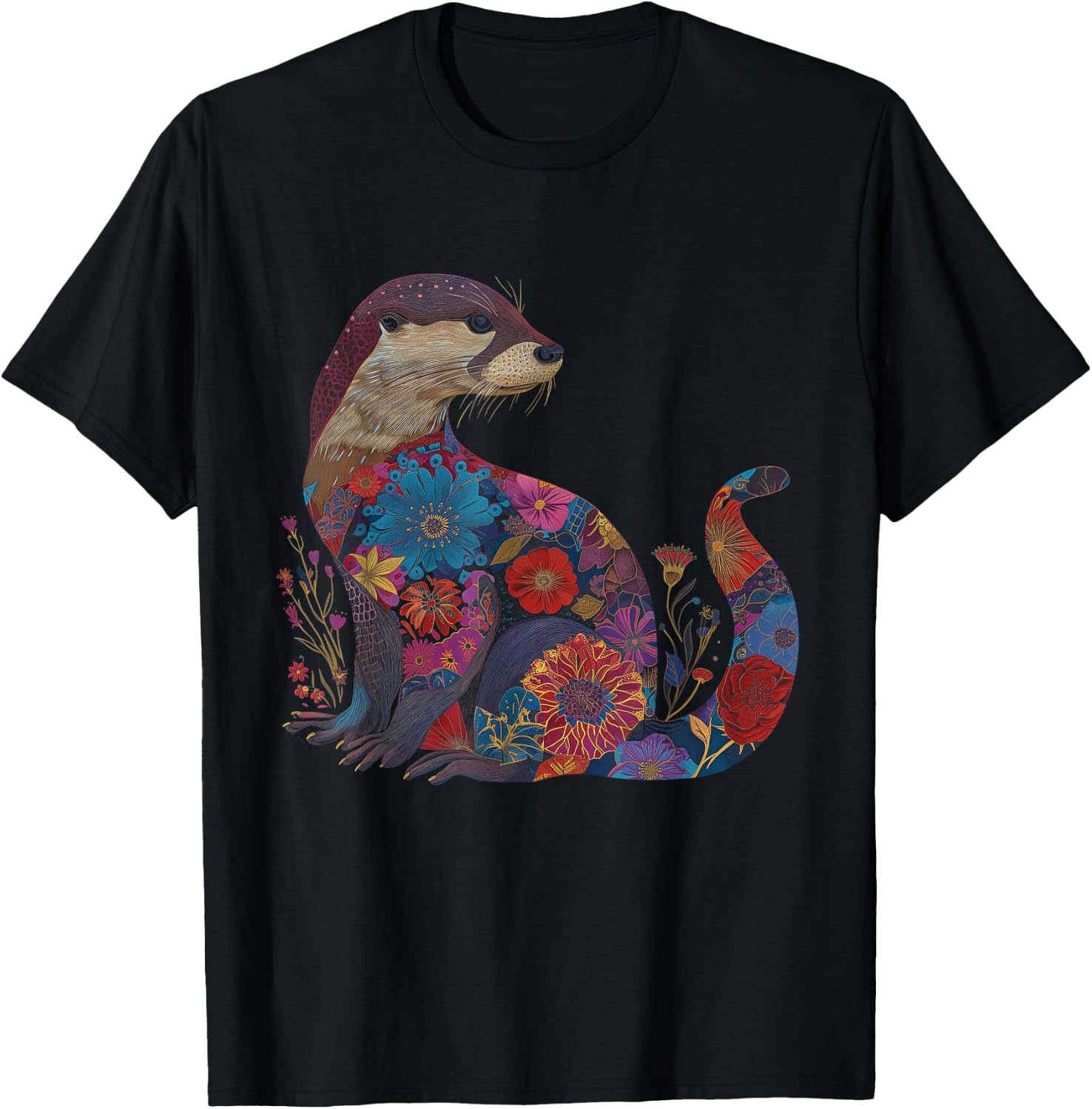 Otter Floral Artwork Vintage Flowers Cute Sea Otter T-Shirt - T-Shirt | Black
