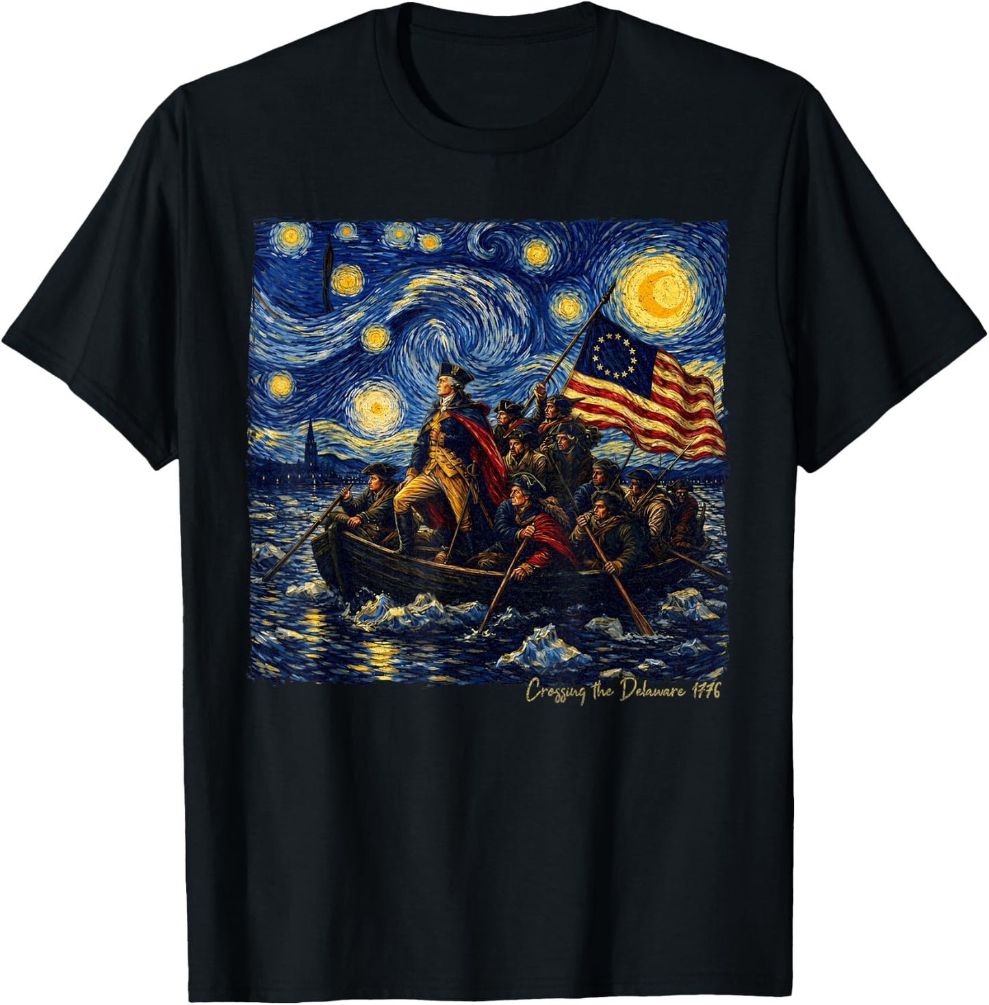 Crossing The Delaware Starry Night in Van Gogh Art 1776 T-Shirt - T-Shirt | Black