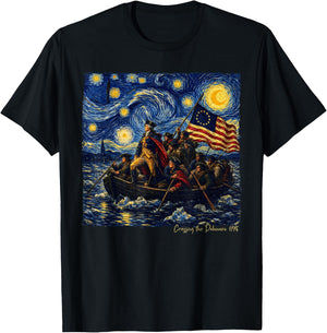 Crossing The Delaware Starry Night in Van Gogh Art 1776 T-Shirt - T-Shirt | Black