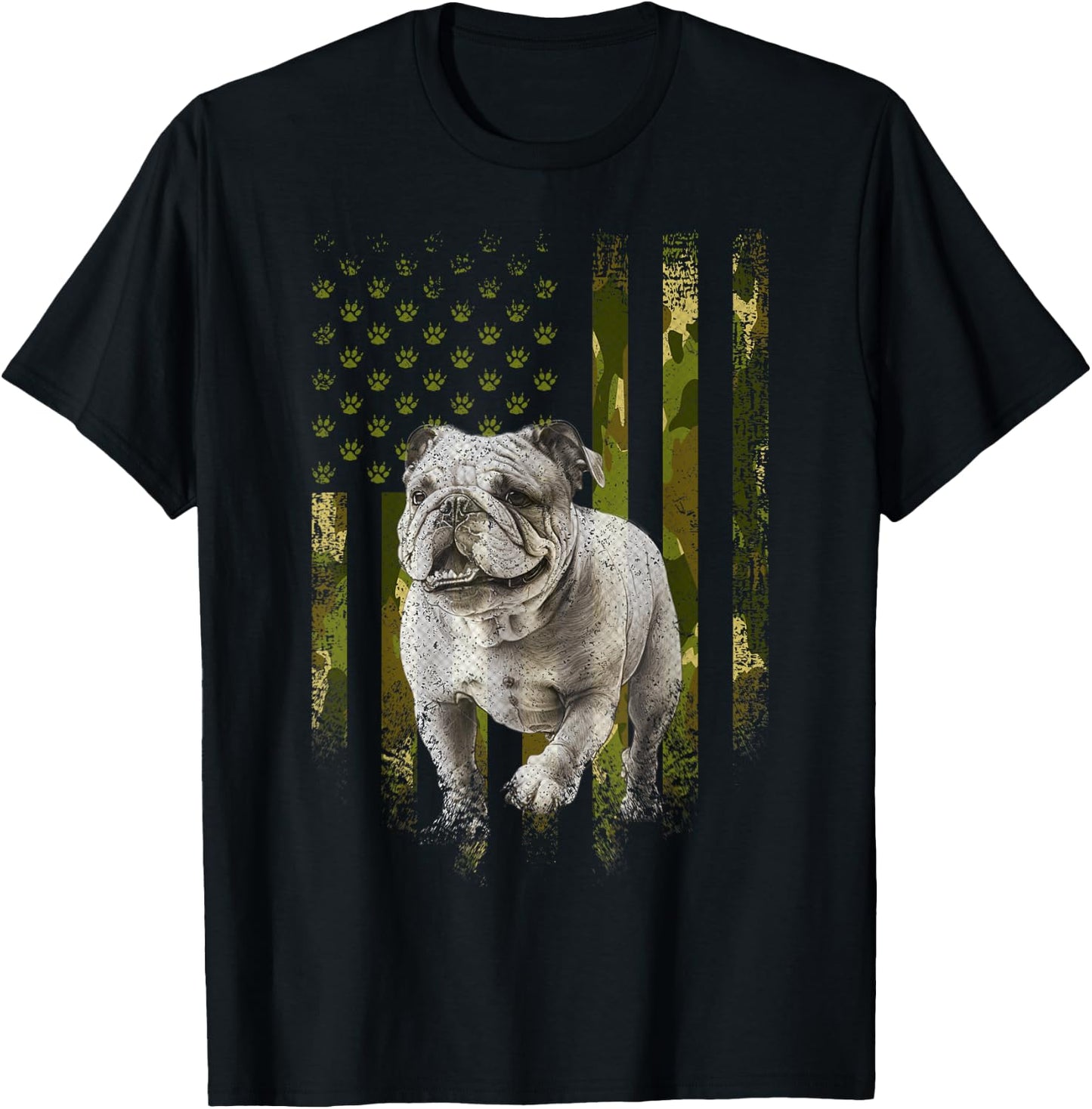 Vintage Camouflage USA Camo Flag Bulldog 4th Of July Women Kids Men T-Shirt - T-Shirt | Black