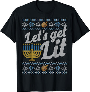 Funny Ugly Hanukkah Sweater Shirt Let's Get Lit drinking T-Shirt - T-Shirt | Black