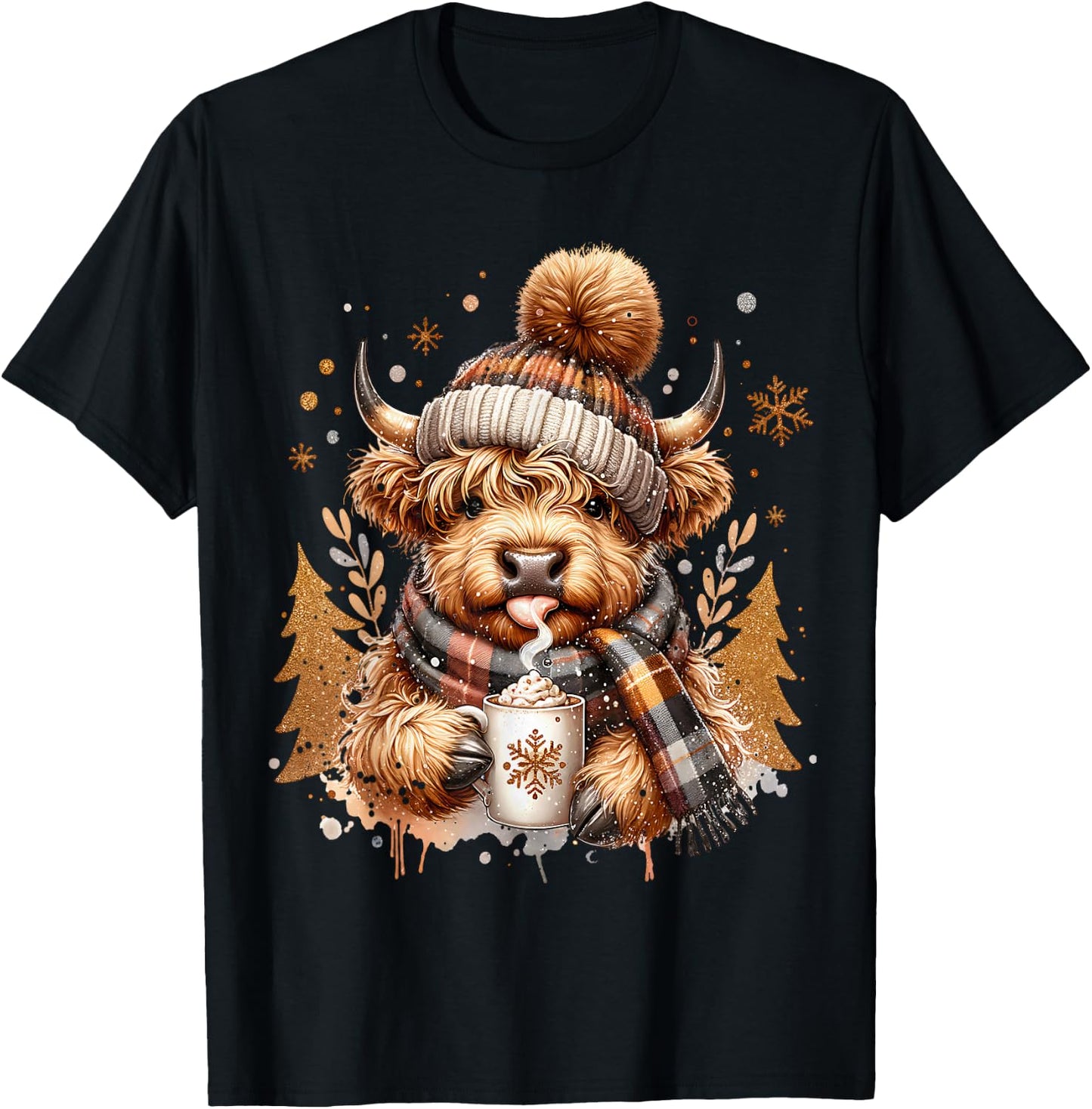 Cute Highland Cow Christmas Trees Winter Hot Cocoa Chocolate T-Shirt - T-Shirt | Black