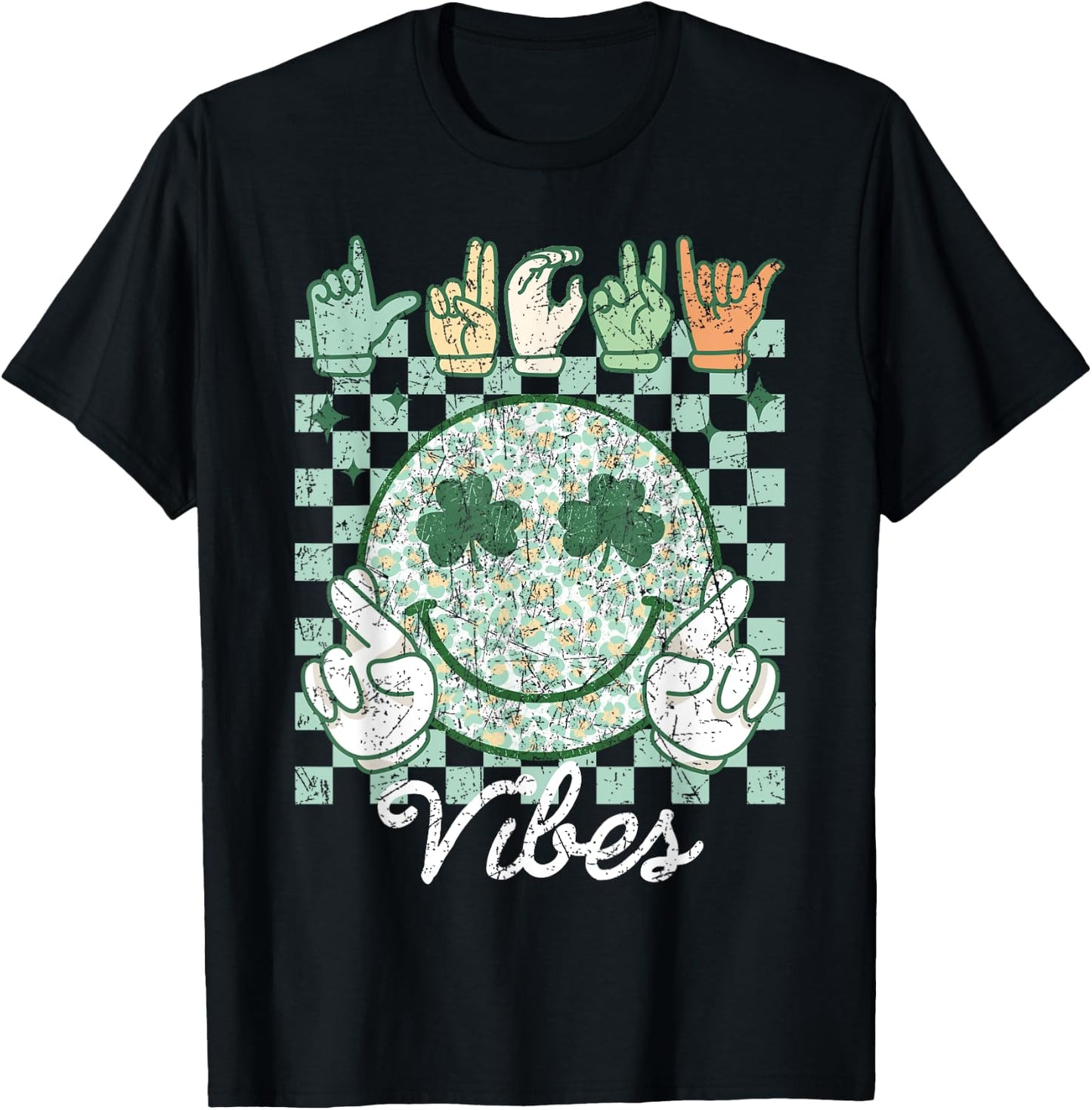 Lucky Vibes St Patrick's Day ASL Sign Language Deaf Groovy T-Shirt - T-Shirt | Black